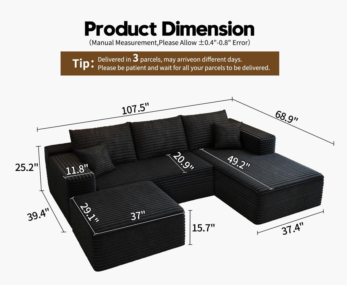 107.5" Black U-Shaped Cloud Modular Sectional Sofa with 1 Ottoman, Modern Deep Seat Upholstered Couch, Right-Facing Chaise, No Assembly Required