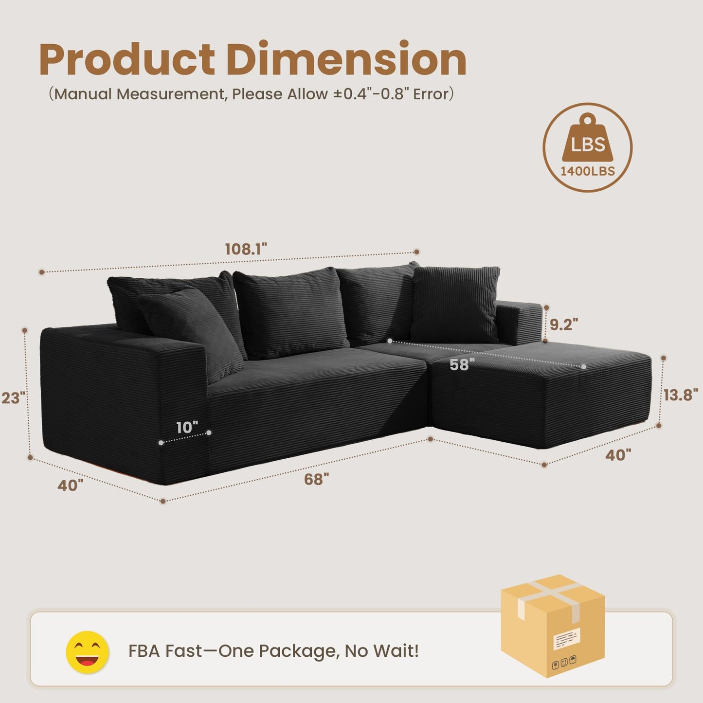 108" Black L-Shaped Modular Sectional Sofa, Corduroy Boneless Cloud Couch with Deep Seat, No Assembly for Living Room
