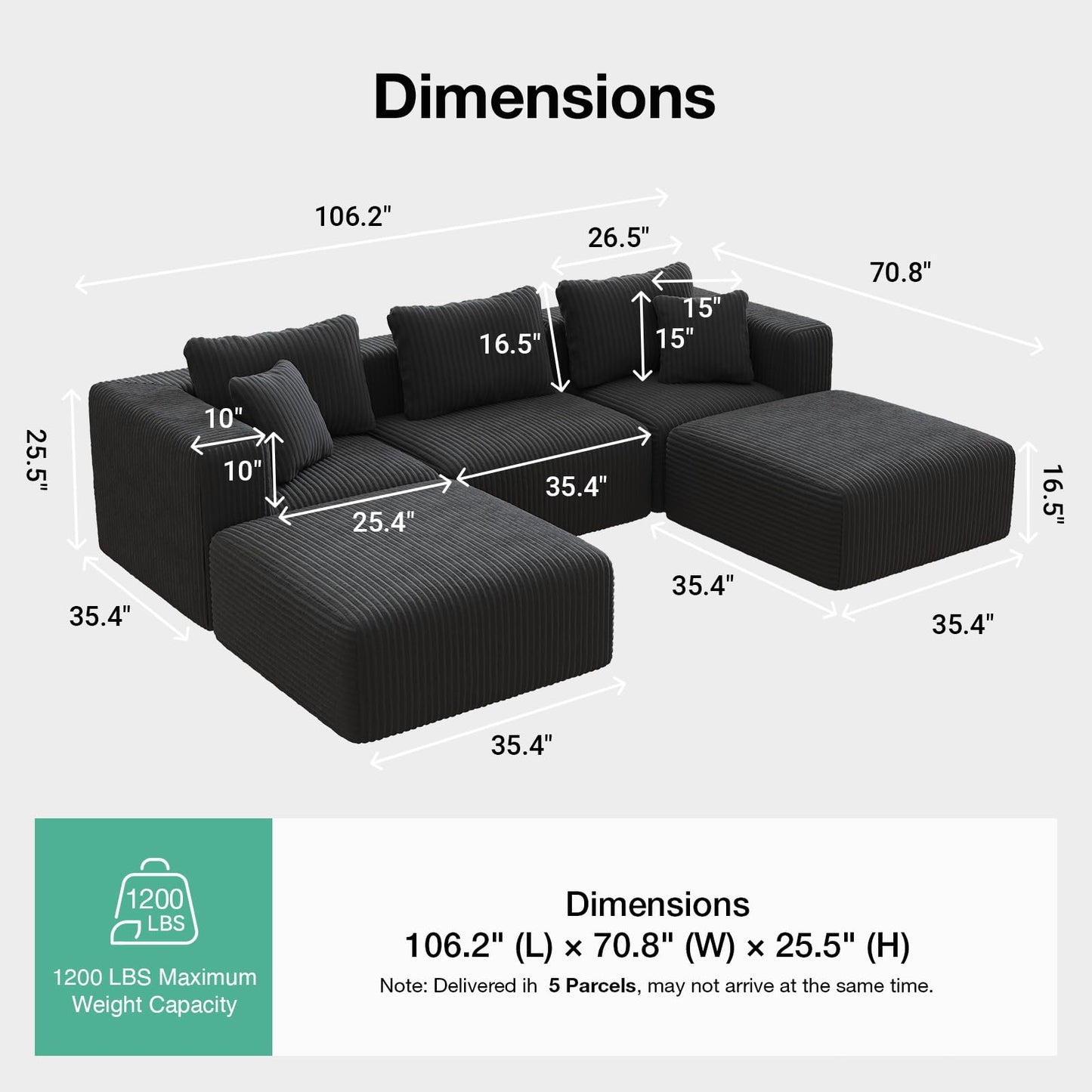 106" Modular U Shaped Cloud Sectional Sofa with Smarts Coil™ Support, 3-Seat Boneless Couch with 2 Ottomans for Living Room or Apartment, No Assembly Required