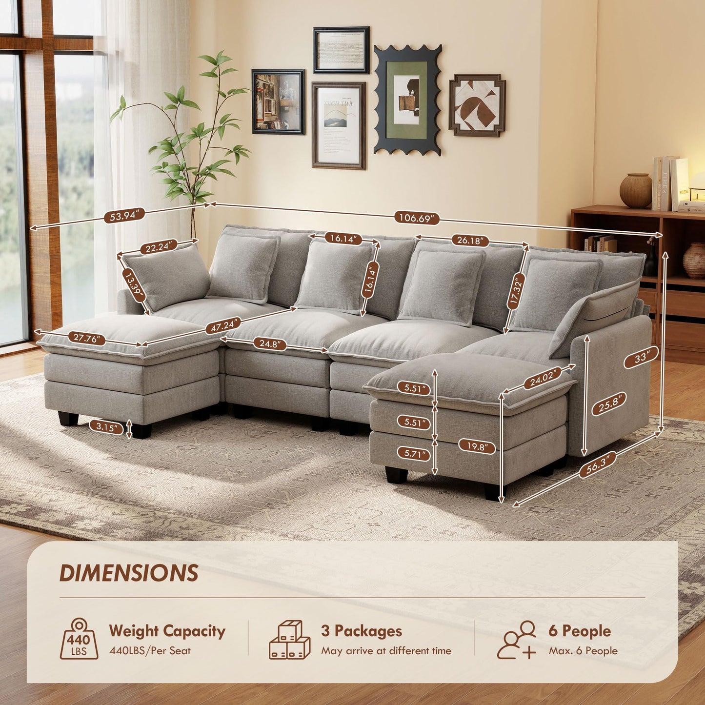 106" Black U-Shaped Modular Sectional Cloud Sofa, 6-Seat Chenille Couch with Ottoman for Living Room, Bedroom, Apartment