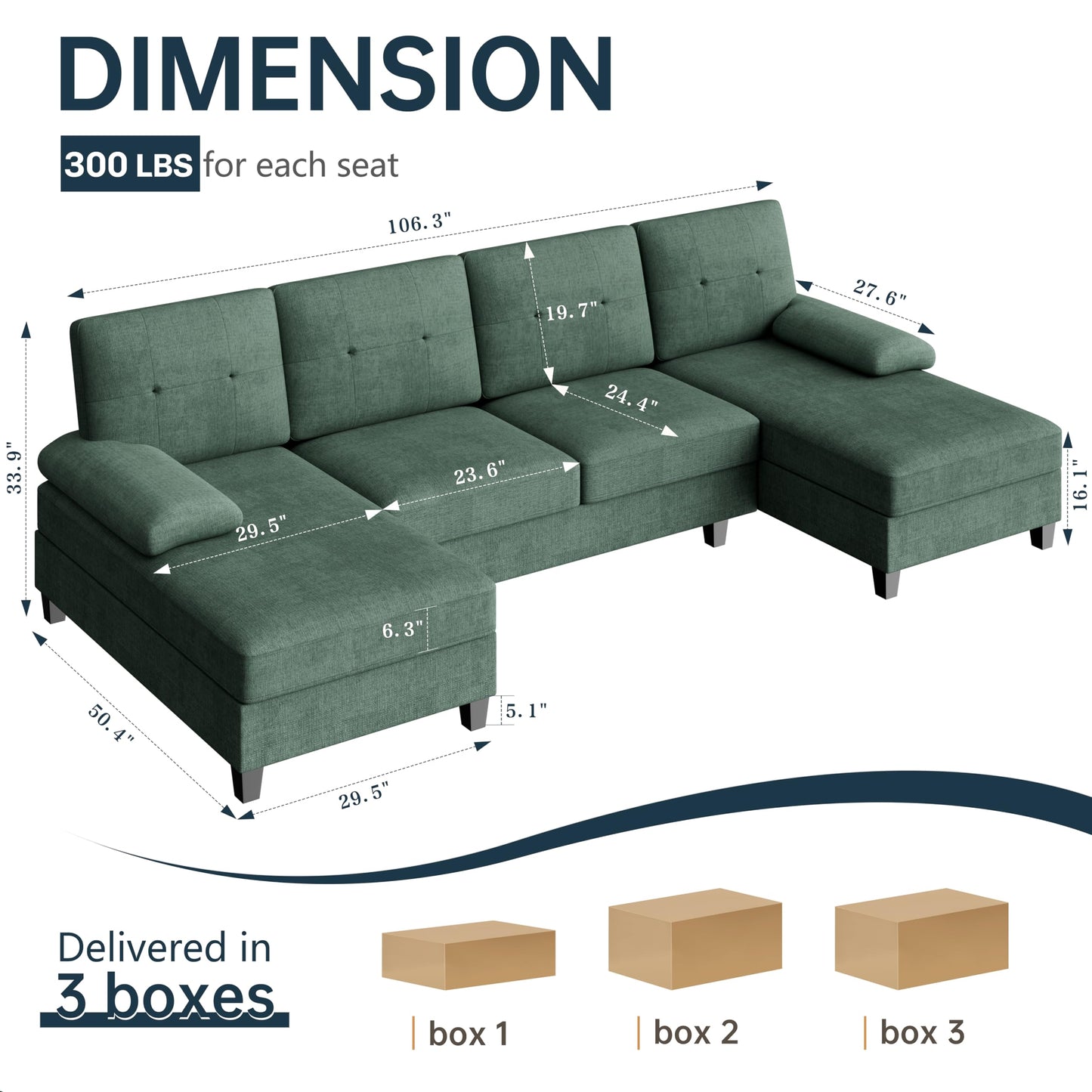 106" U Shaped Sectional Sofa with Double Chaise, Soft Fabric 4-Seat Couch for Living Room or Apartment, Green