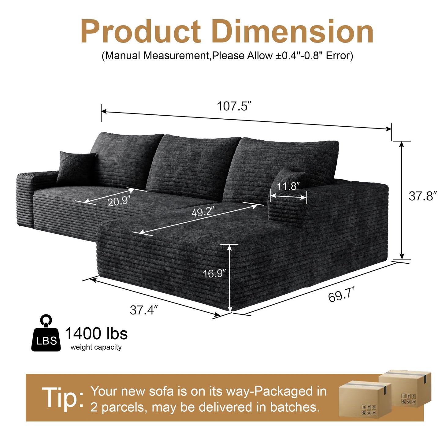 108" Black L-Shaped Modular Sectional Sofa, Boneless Deep Seat Couch with Chaise and 2-Seaters, Modern Upholstered Couch for Living Room, Right-Facing Chaise