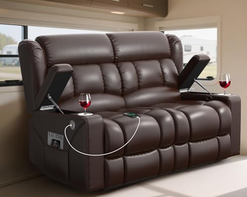 Wall Hugger RV Loveseat Recliner Sofa, 150° Adjustable Reclining Couch with USB Ports, Cup Holders & Side Storage Pockets for Travel Trailers or Home Theater Seating