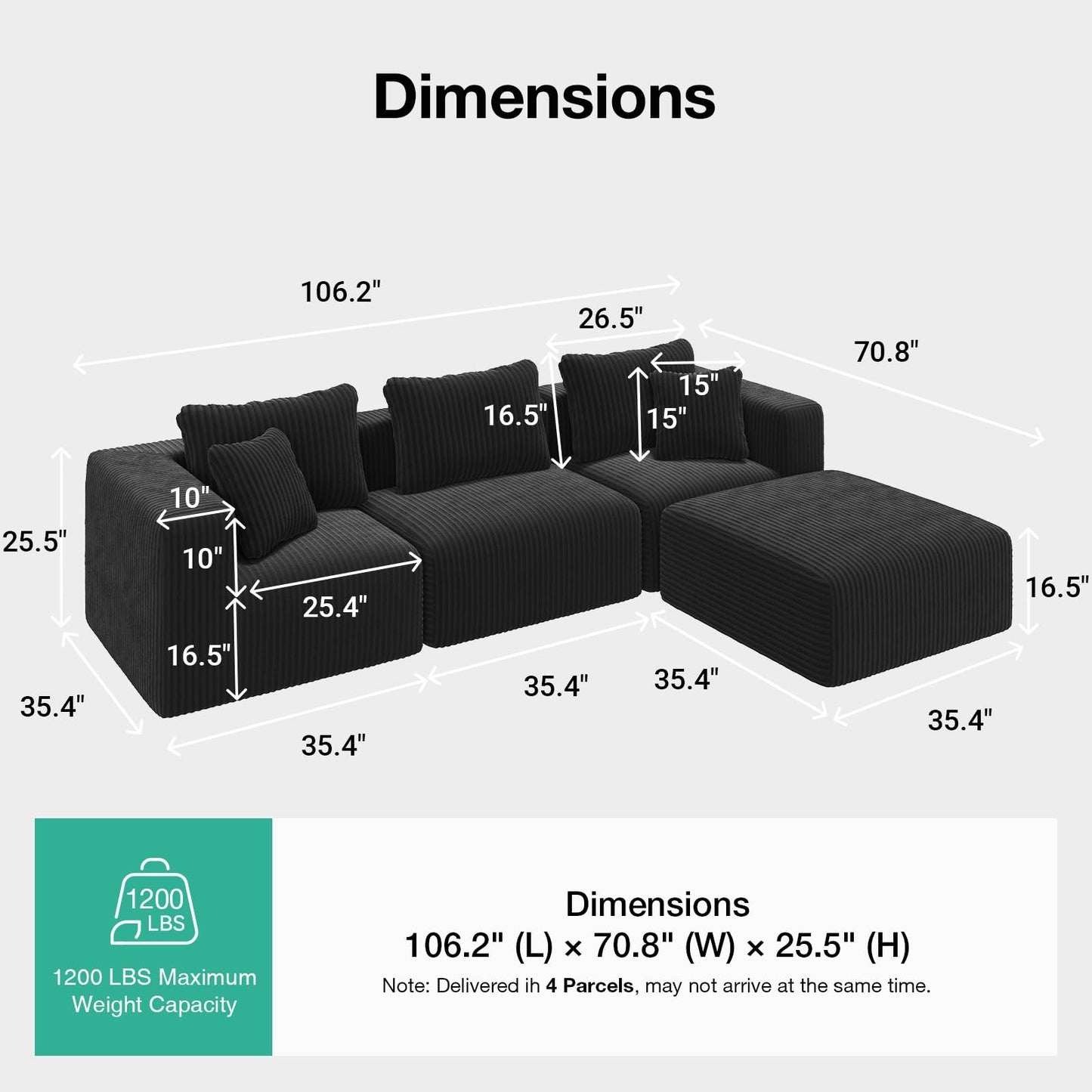 106" Modular L Shaped Cloud Sectional Sofa with Smarts Coil™ Support, 3-Seat Boneless Couch with Ottoman for Living Room or Apartment, No Assembly Required