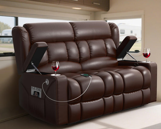 Wall Hugger Loveseat Recliner Sofa, 150° Adjustable RV Reclining Couch with USB Ports, Cup Holders & Large Pockets, Comfortable RV Furniture for Travel Trailers and Home Theater Seating
