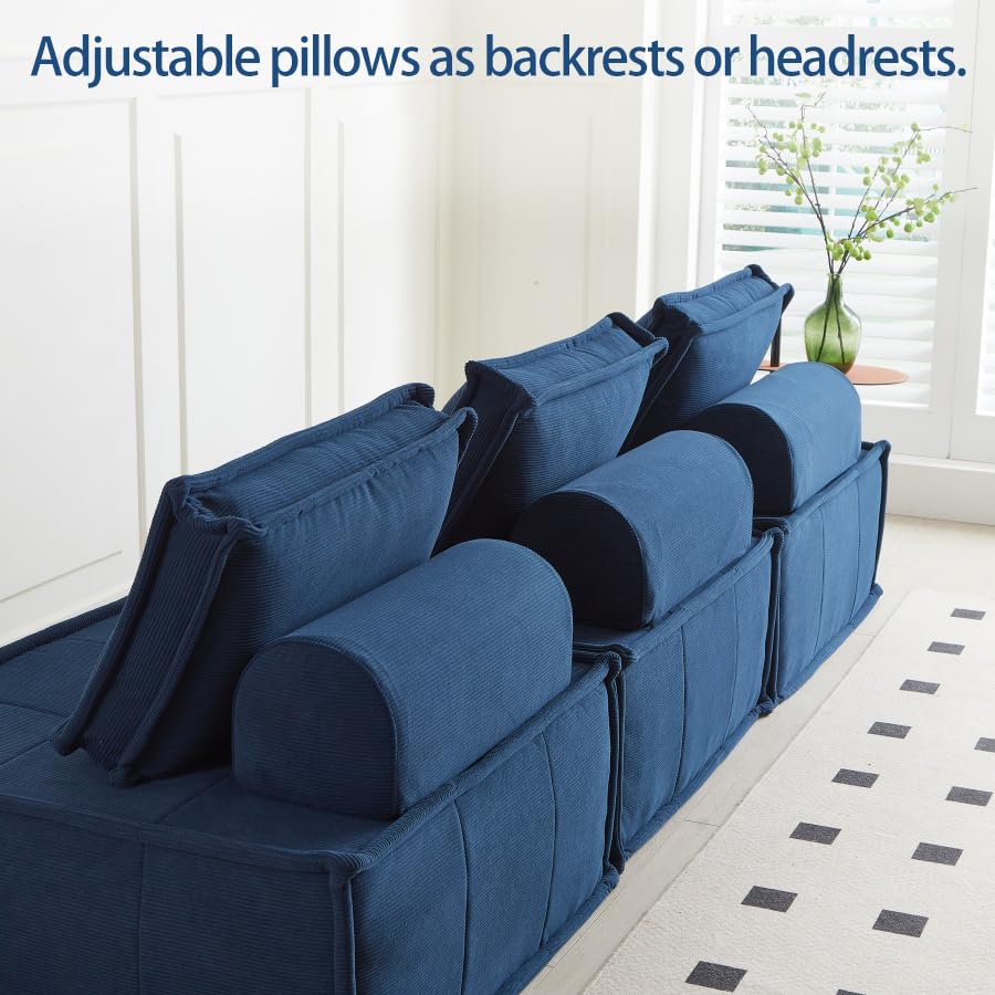 105" Blue 3-Piece Modular Sectional Sofa, Deep Seat Corduroy Lounge Couch with Movable Cushions for Living Room, Bedroom, Apartment, Office