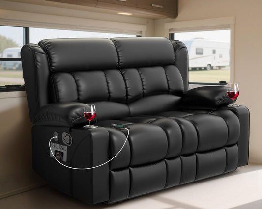 Wall Hugger RV Loveseat Recliner Sofa, 150° Adjustable Reclining Couch with USB Ports, Cup Holders & Large Storage Pockets for Travel Trailers and Home Theater Seating