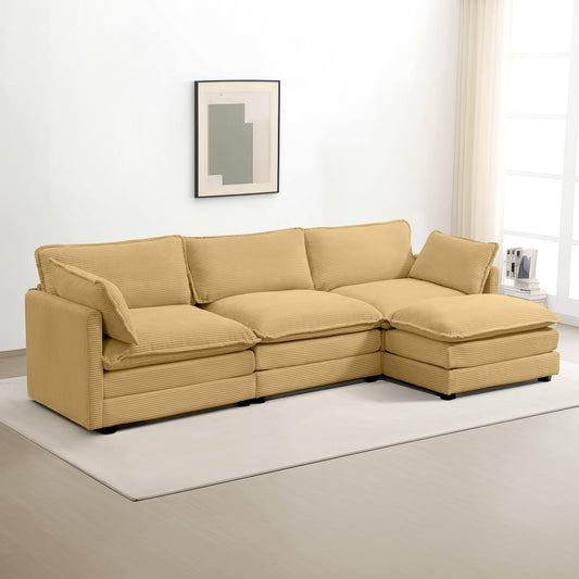 108" U Shaped Modular Sectional Sofa, 3-Seat Comfy Cloud Couch with Movable Ottoman, Deep Seat Linen Couch for Living Room, Beige