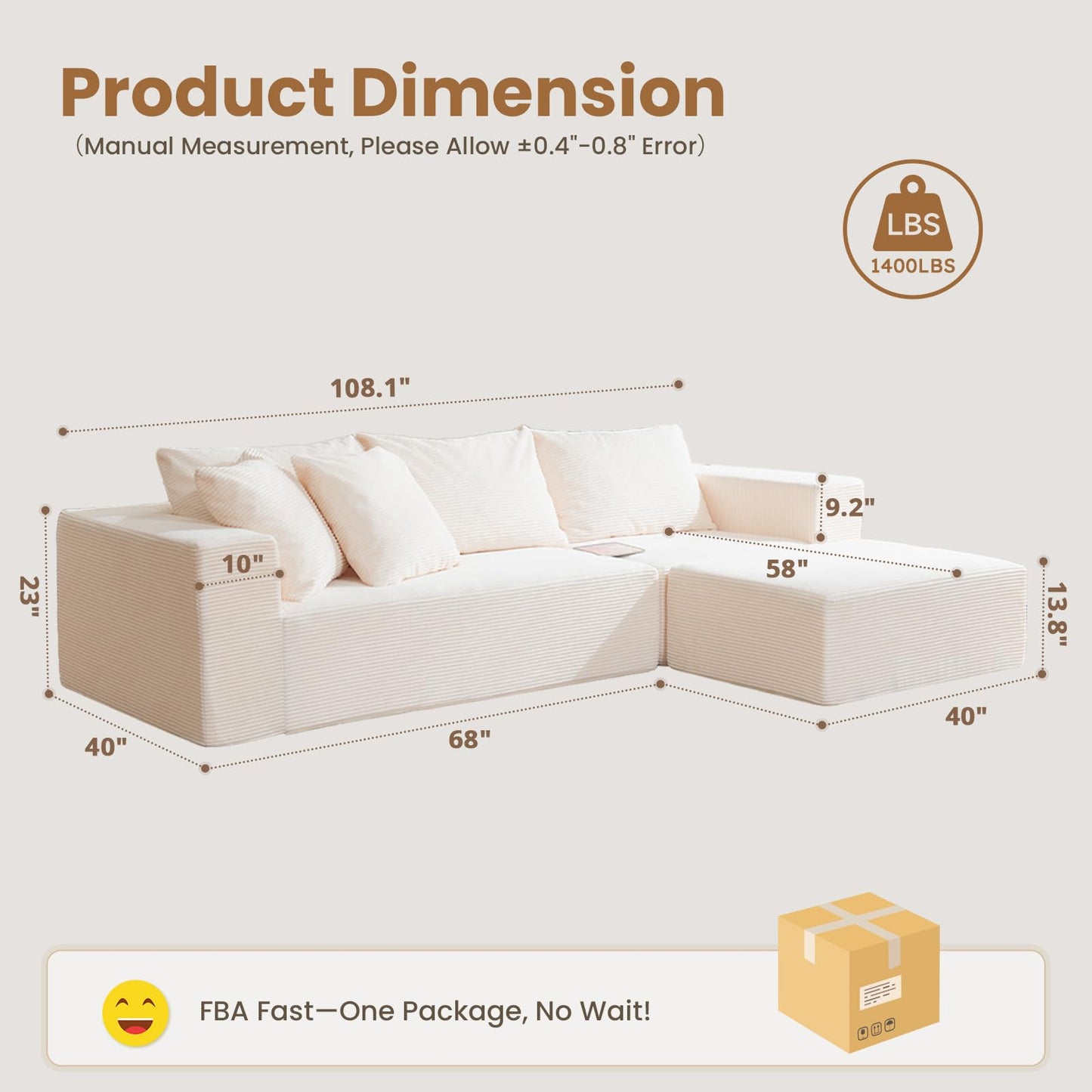 108" Beige L-Shaped Modular Sectional Sofa, Corduroy Boneless Cloud Couch with Deep Seat, No Assembly for Living Room