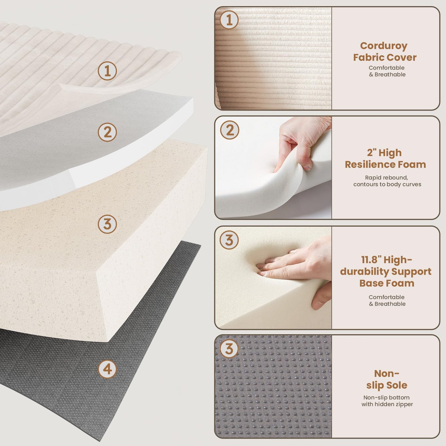 108" Beige L-Shaped Modular Sectional Sofa, Corduroy Boneless Cloud Couch with Deep Seat, No Assembly for Living Room