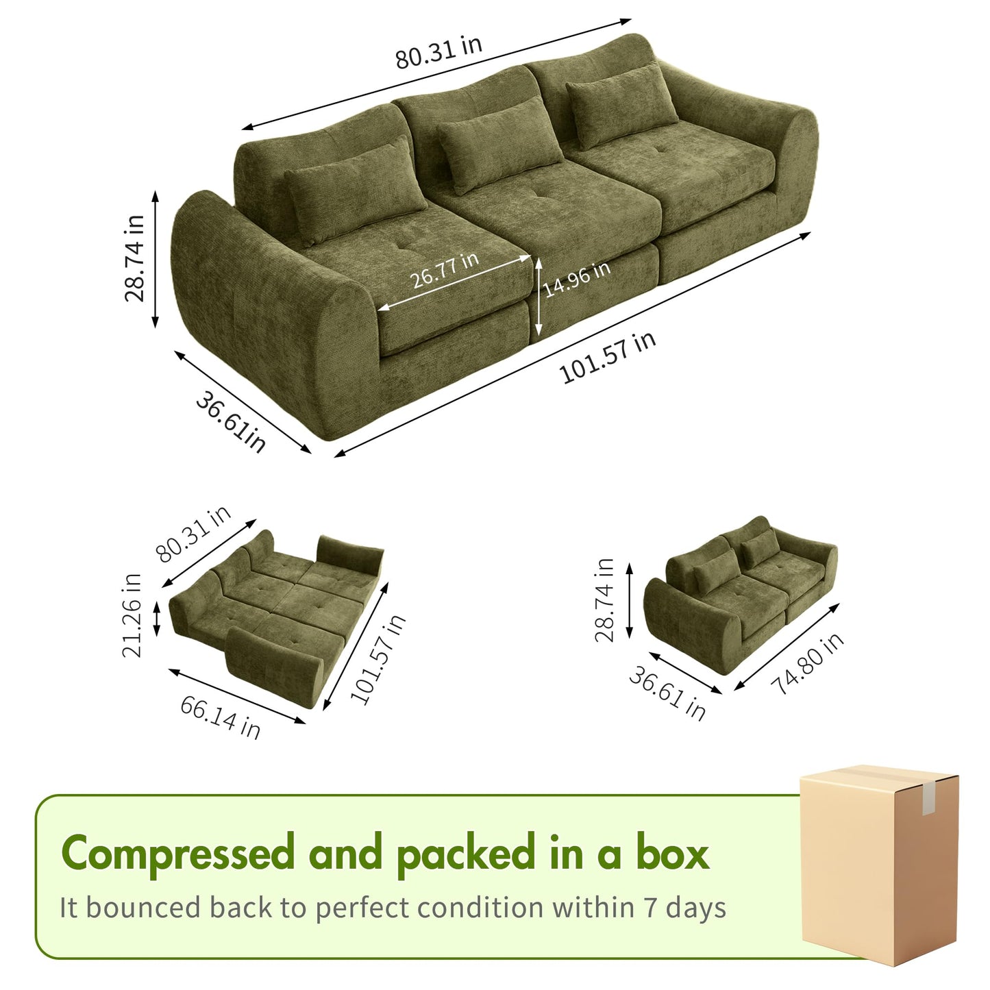 101.6" Green Modular Sectional Cloud Sofa, 4-in-1 Folding Convertible Floor Couch, Boneless Cushion Sofa for Living Room