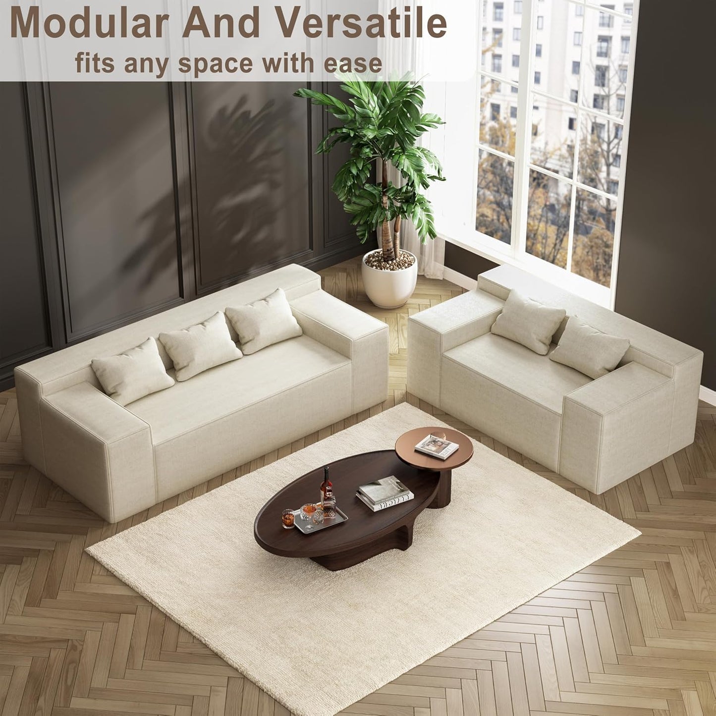 105" Beige 3-Seater Modular Sectional Sofa, Deep Seat Corduroy Lounge Couch with Movable Cushions for Living Room, Bedroom, Apartment, Office