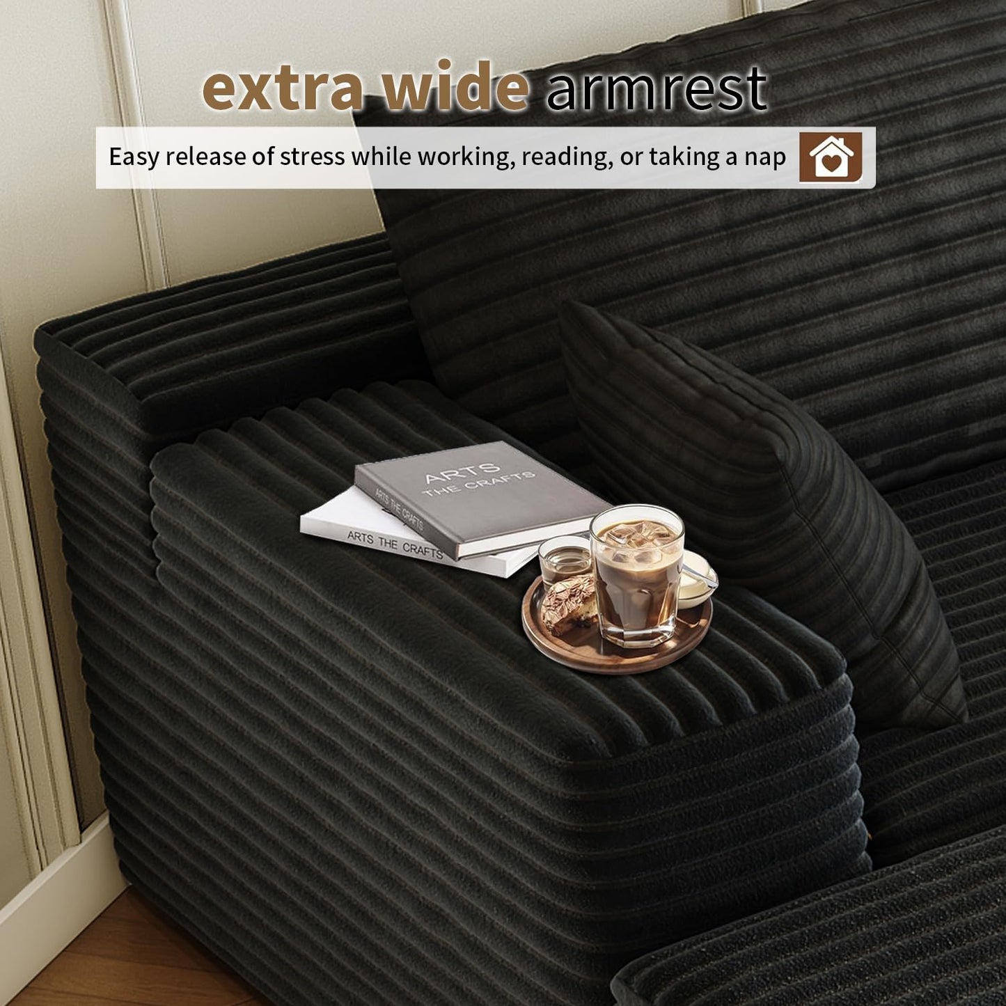 107.5" Black U-Shaped Cloud Modular Sectional Sofa with 1 Ottoman, Modern Deep Seat Upholstered Couch, Right-Facing Chaise, No Assembly Required