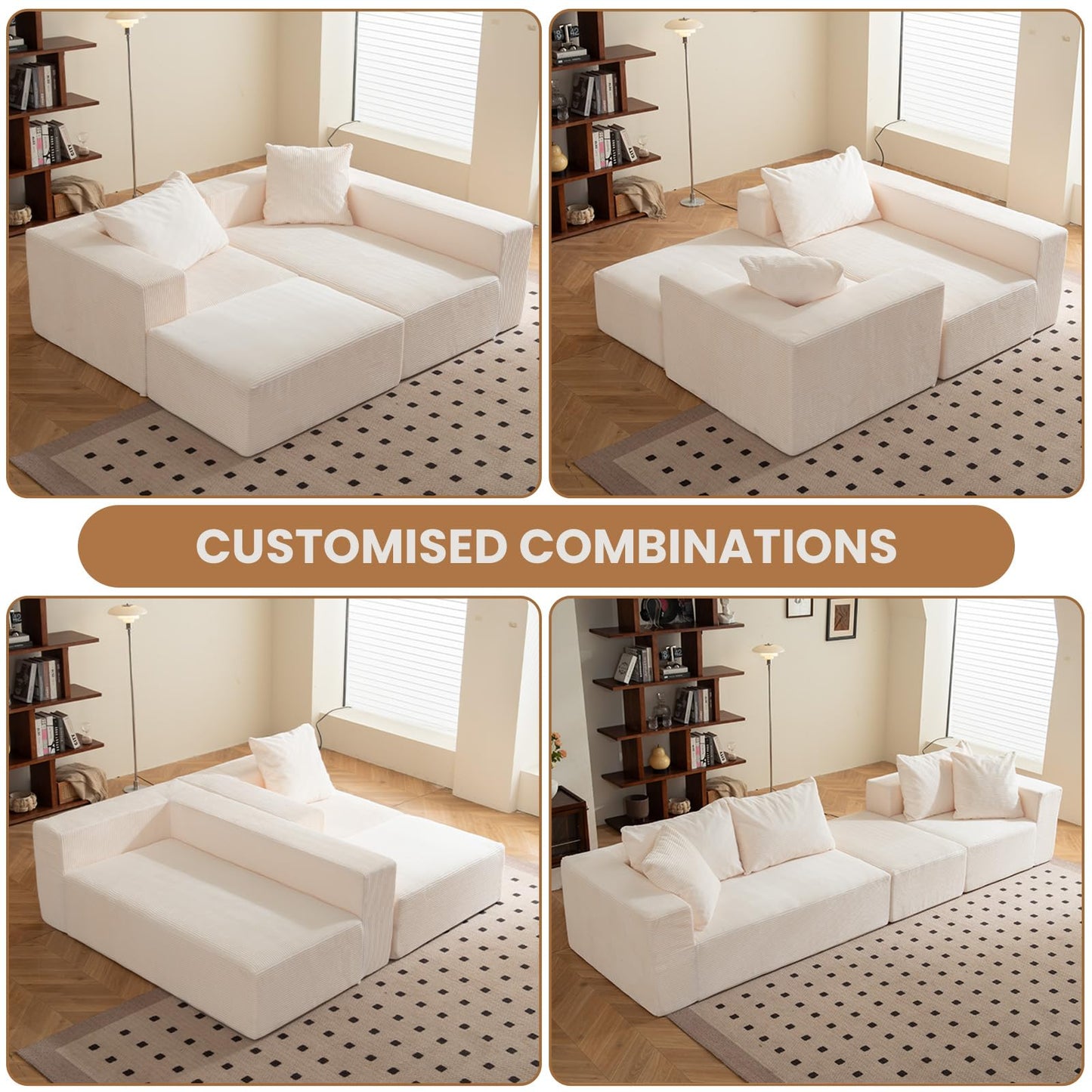 108" Beige L-Shaped Modular Sectional Sofa, Corduroy Boneless Cloud Couch with Deep Seat, No Assembly for Living Room