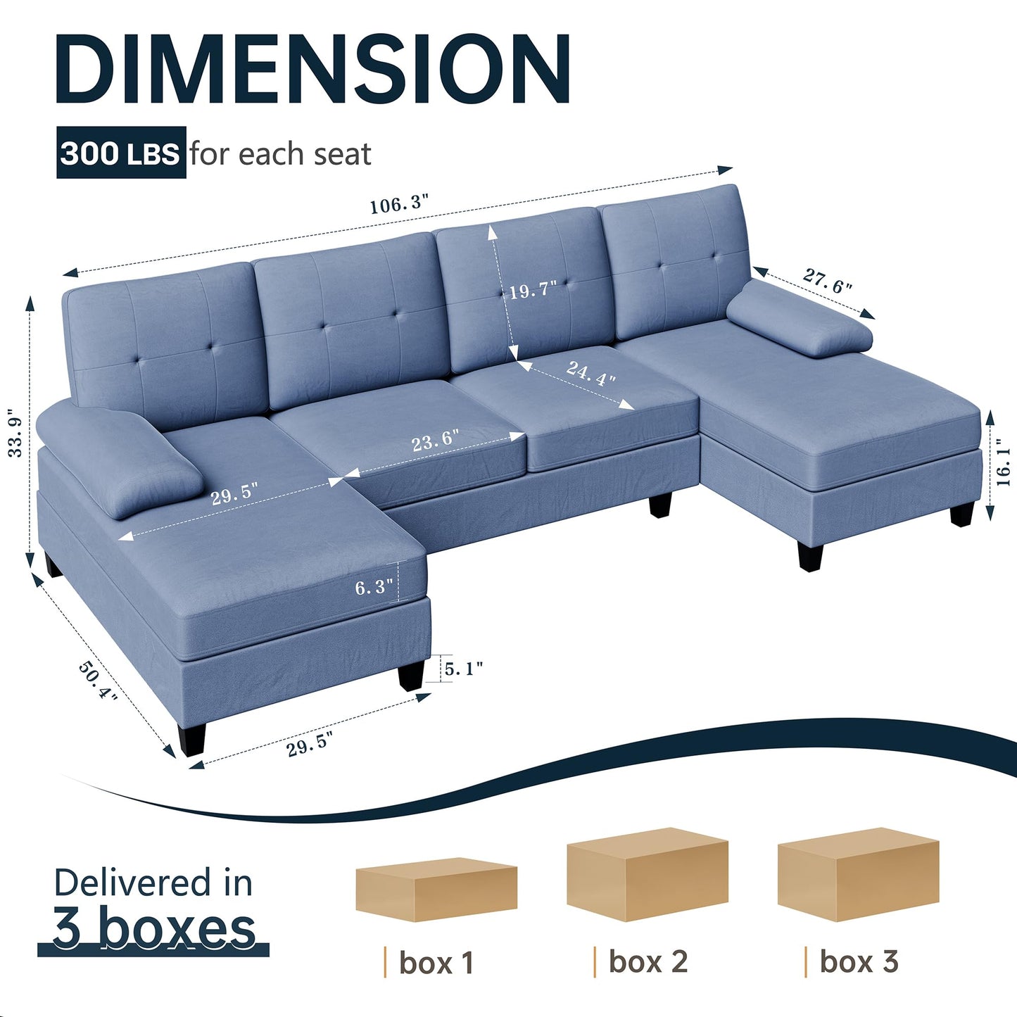 106" U Shaped Sectional Sofa with Double Chaise, 4-Seat Fabric Couch with Wide Seats for Living Room, Blue