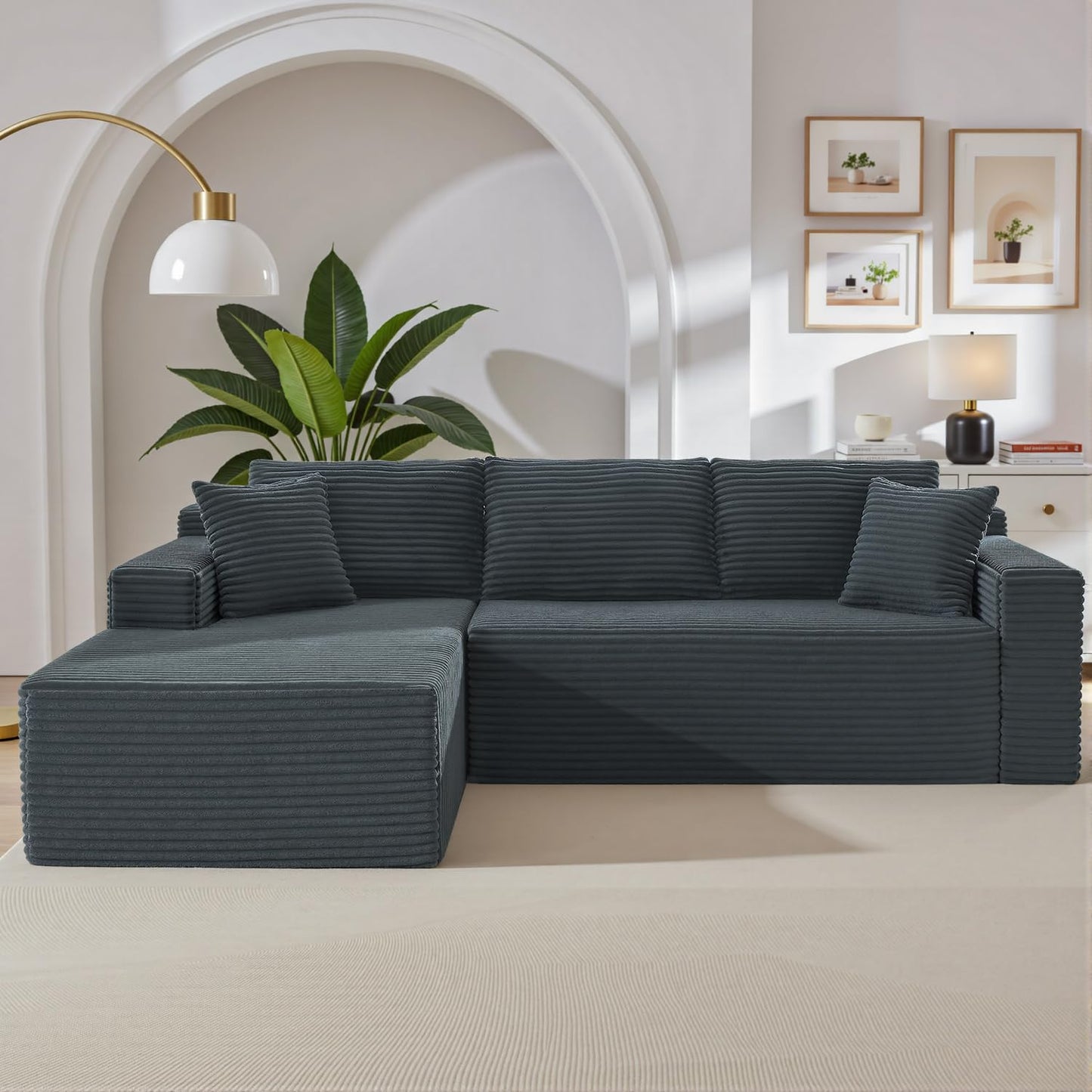 105" Green L-Shaped Cloud Sectional Couch, Modern Modular Sofa with Deep Seat, Corduroy Boneless Couch, No Assembly, Left-Facing Chaise
