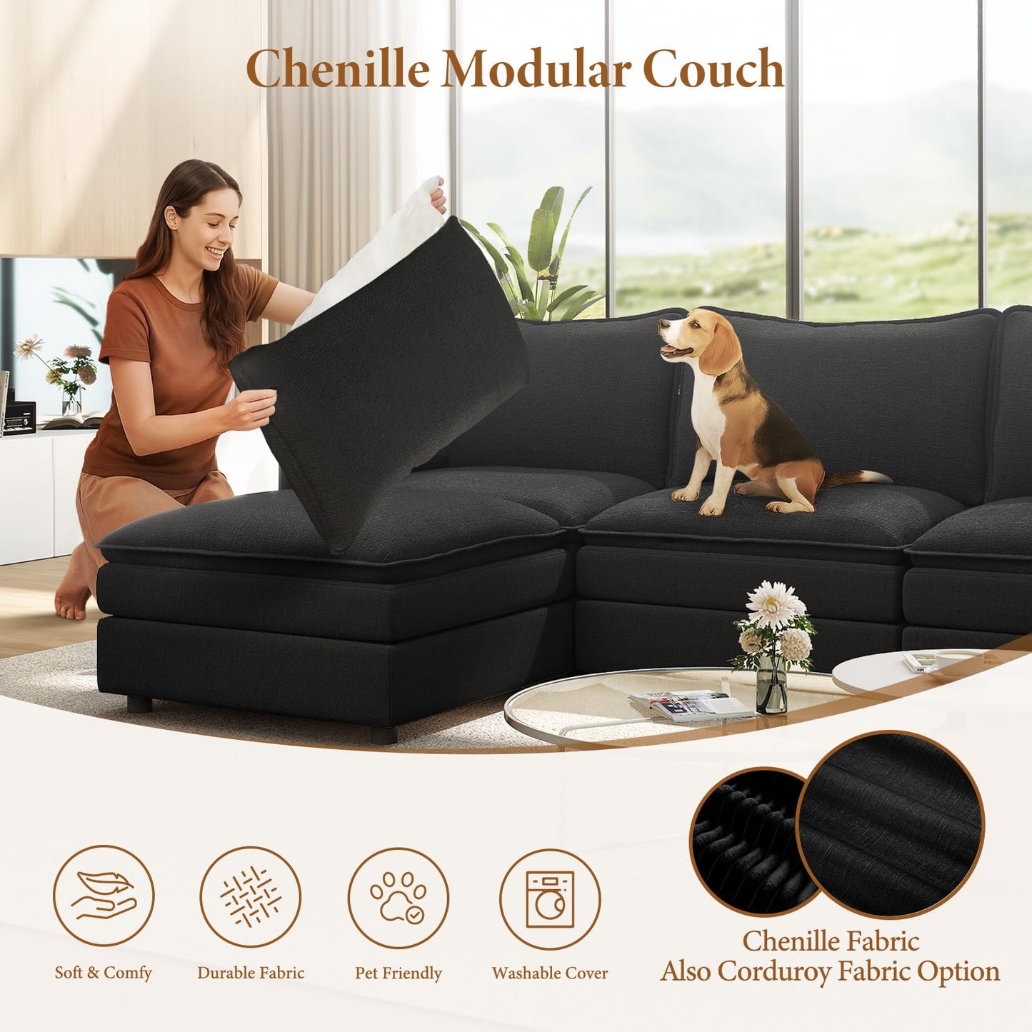 108" Black U-Shaped Sectional Couch, Comfy Cloud Modular Sofa with 2 Ottomans, Deep Seat Chenille Sofa for Living Room