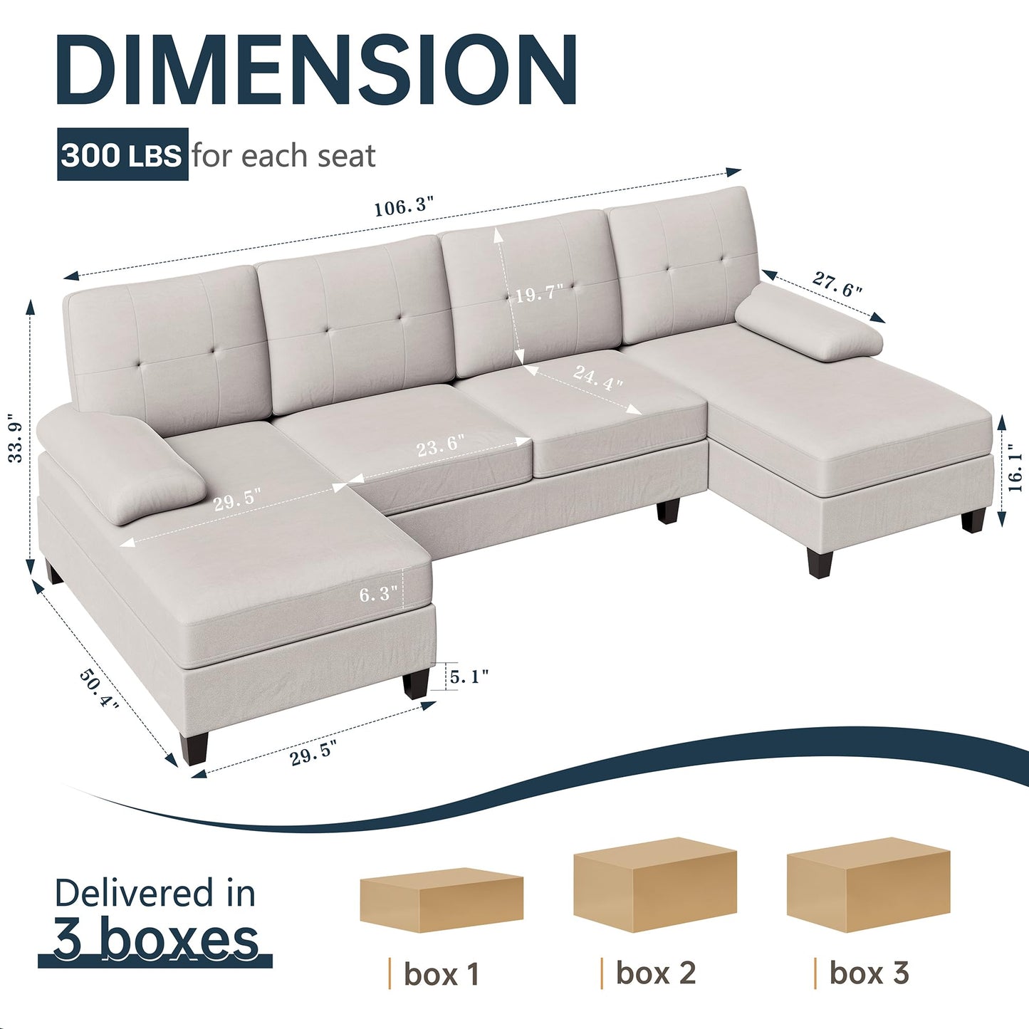 106" U Shaped Sectional Sofa with Double Chaises, 4-Seat Couch with Oversized Seats for Living Room, White