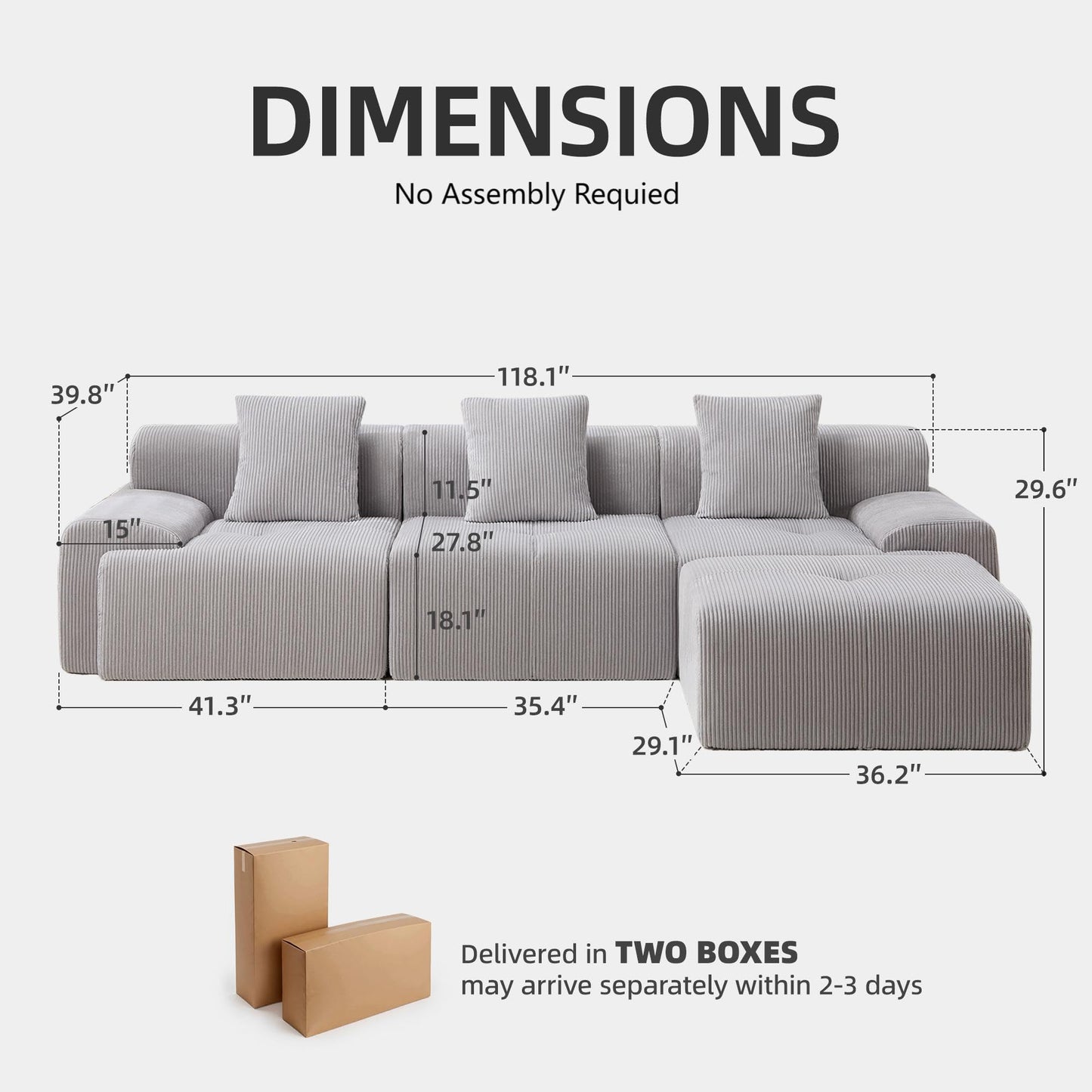 108" Camel L-Shaped Modular Sectional Sofa, Boneless Deep Seat Couch with Chaise and 2-Seaters, Modern Upholstered Couch for Living Room, Right-Facing Chaise
