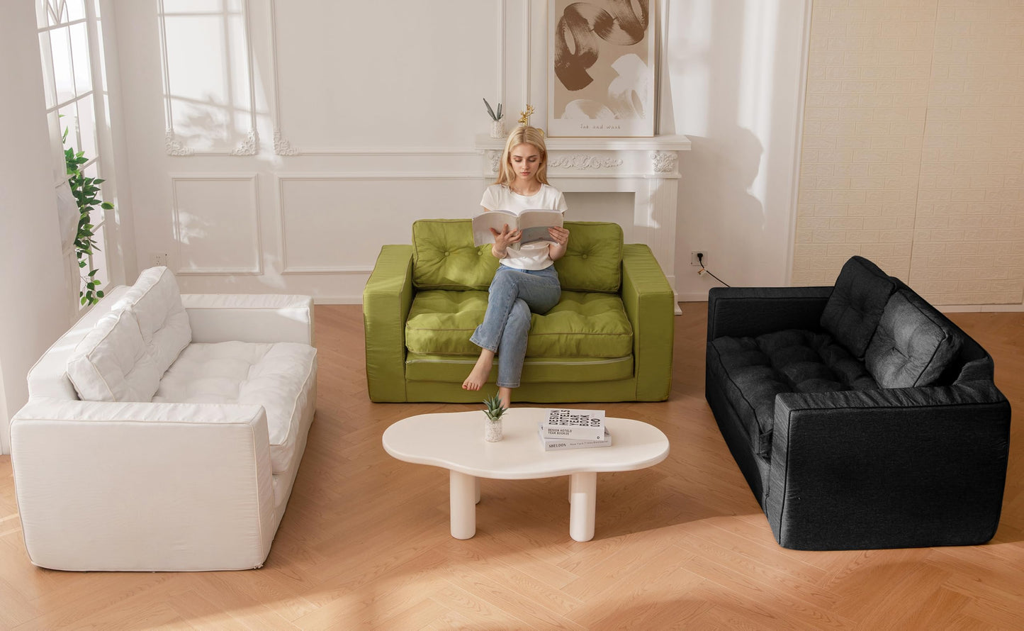 YOSHOOT Loveseat Sleeper Sofa,55" Convertible Sofa Bed Couch Futon Couches for Living Room,3-in-1 Pull Out Floor Couch with Backrest and Pillows, Beige