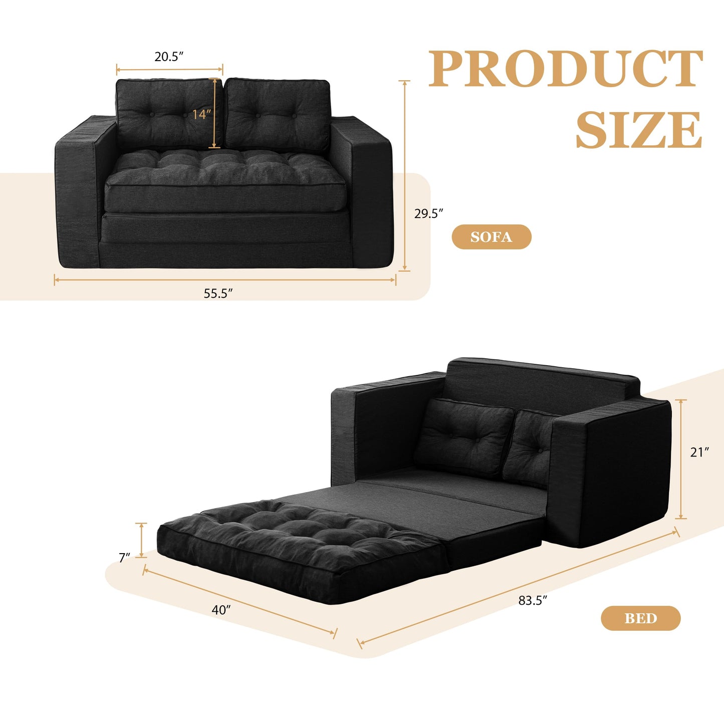 YOSHOOT Loveseat Sleeper Sofa,55" Convertible Sofa Bed Couch Futon Couches for Living Room,3-in-1 Pull Out Floor Couch with Backrest and Pillows, Beige