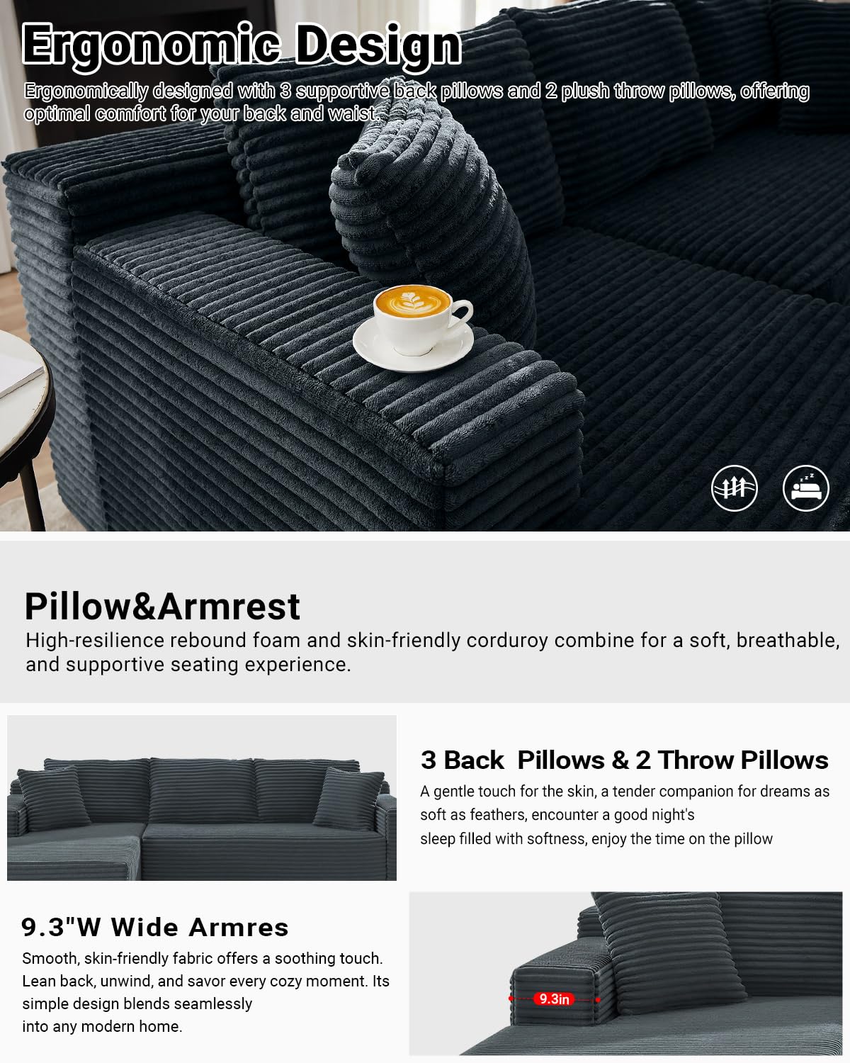 105" Green L-Shaped Cloud Sectional Couch, Modern Modular Sofa with Deep Seat, Corduroy Boneless Couch, No Assembly, Left-Facing Chaise