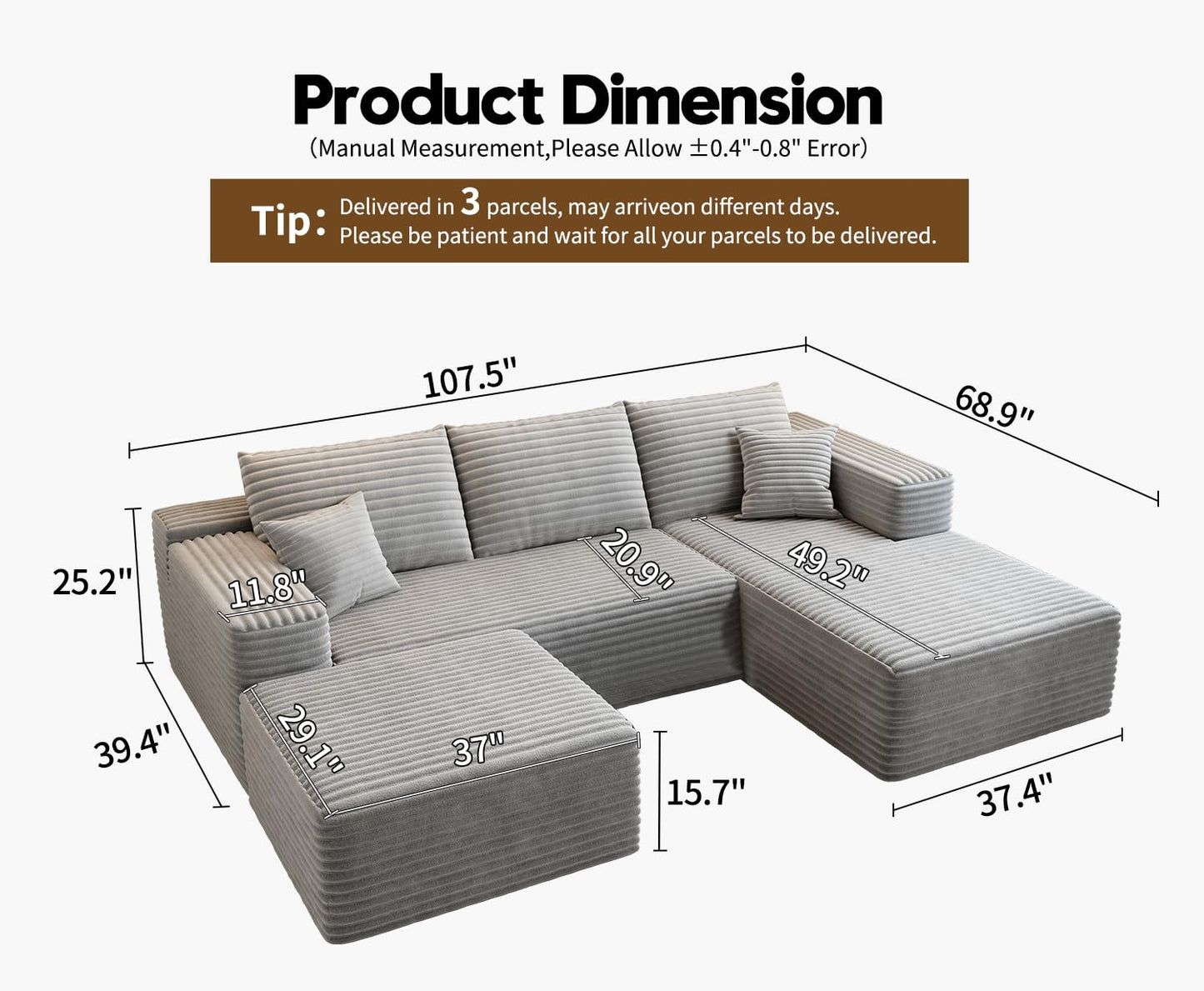 107.5" Grey U-Shaped Cloud Modular Sectional Sofa with 1 Ottoman, Modern Deep Seat Upholstered Couch, Right-Facing Chaise, No Assembly Required
