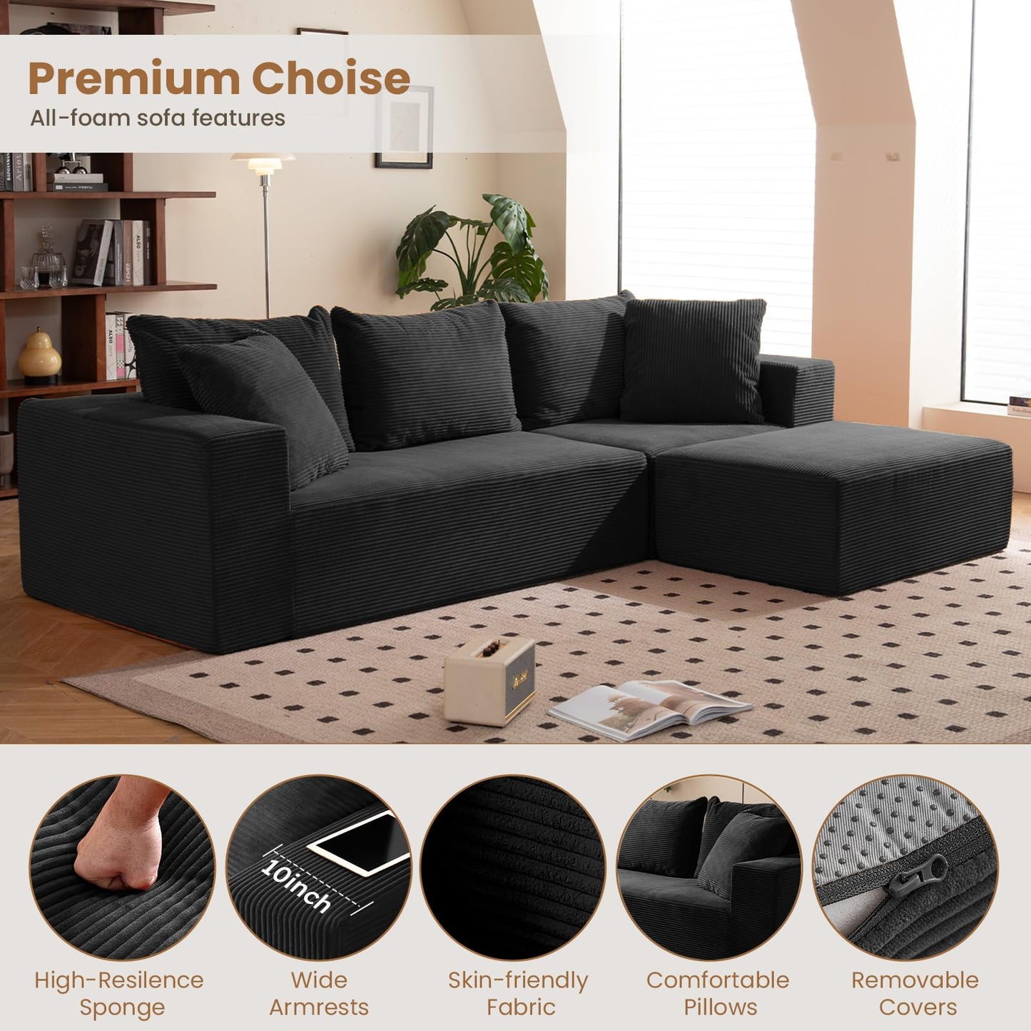 108" Black L-Shaped Modular Sectional Sofa, Corduroy Boneless Cloud Couch with Deep Seat, No Assembly for Living Room