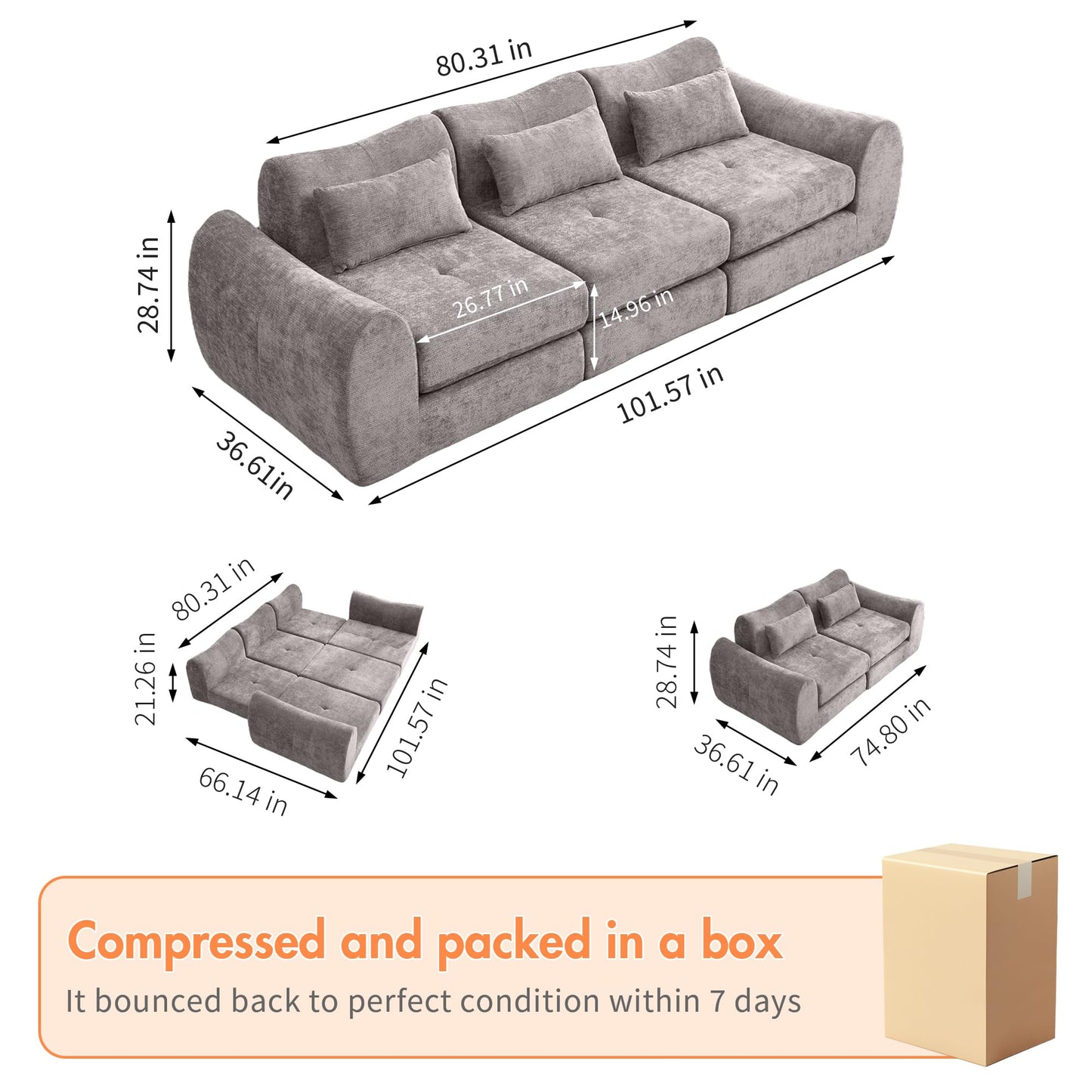101.6" Gray Modular Sectional Cloud Sofa, 4-in-1 Folding Convertible Floor Couch, Boneless Cushion Sofa for Living Room