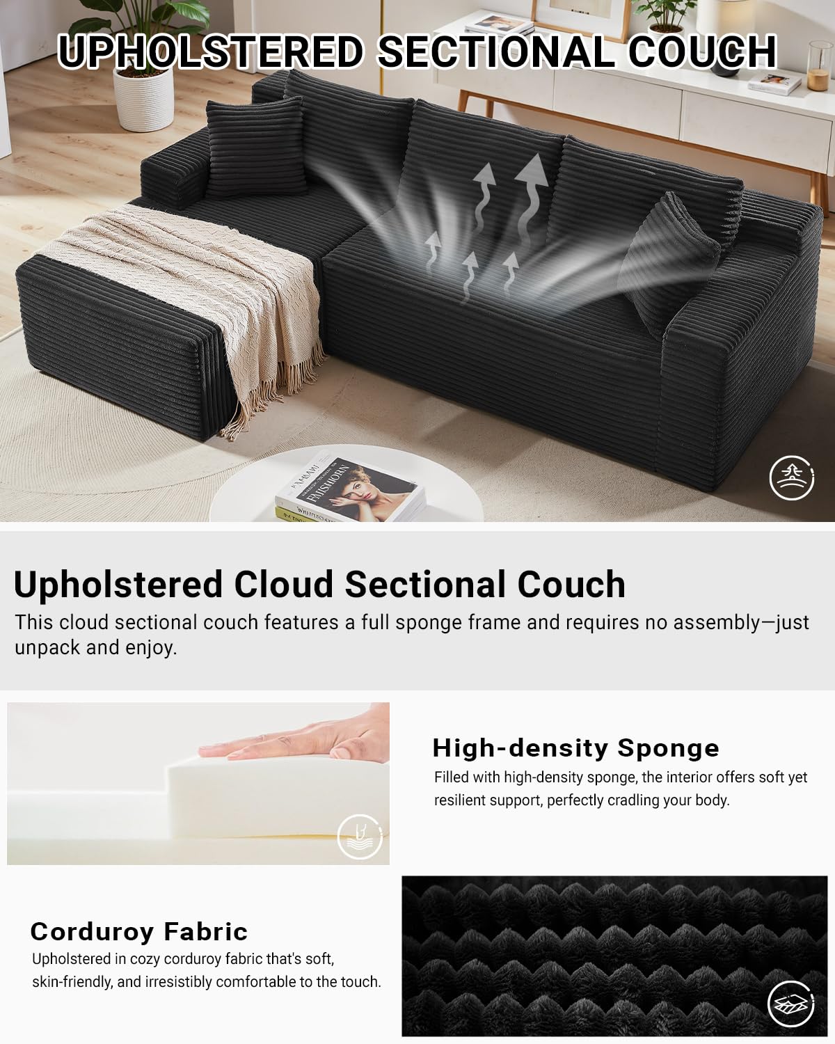 105" Dark Grey L-Shaped Cloud Sectional Couch, Modern Modular Sofa with Deep Seat, Corduroy Boneless Couch, No Assembly, Left-Facing Chaise