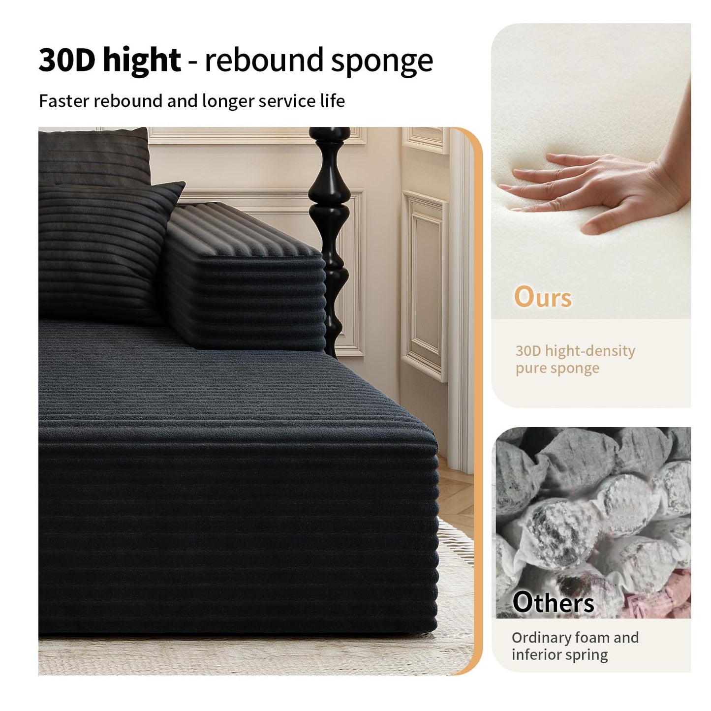 107.5" Black U-Shaped Cloud Modular Sectional Sofa with 1 Ottoman, Modern Deep Seat Upholstered Couch, Right-Facing Chaise, No Assembly Required