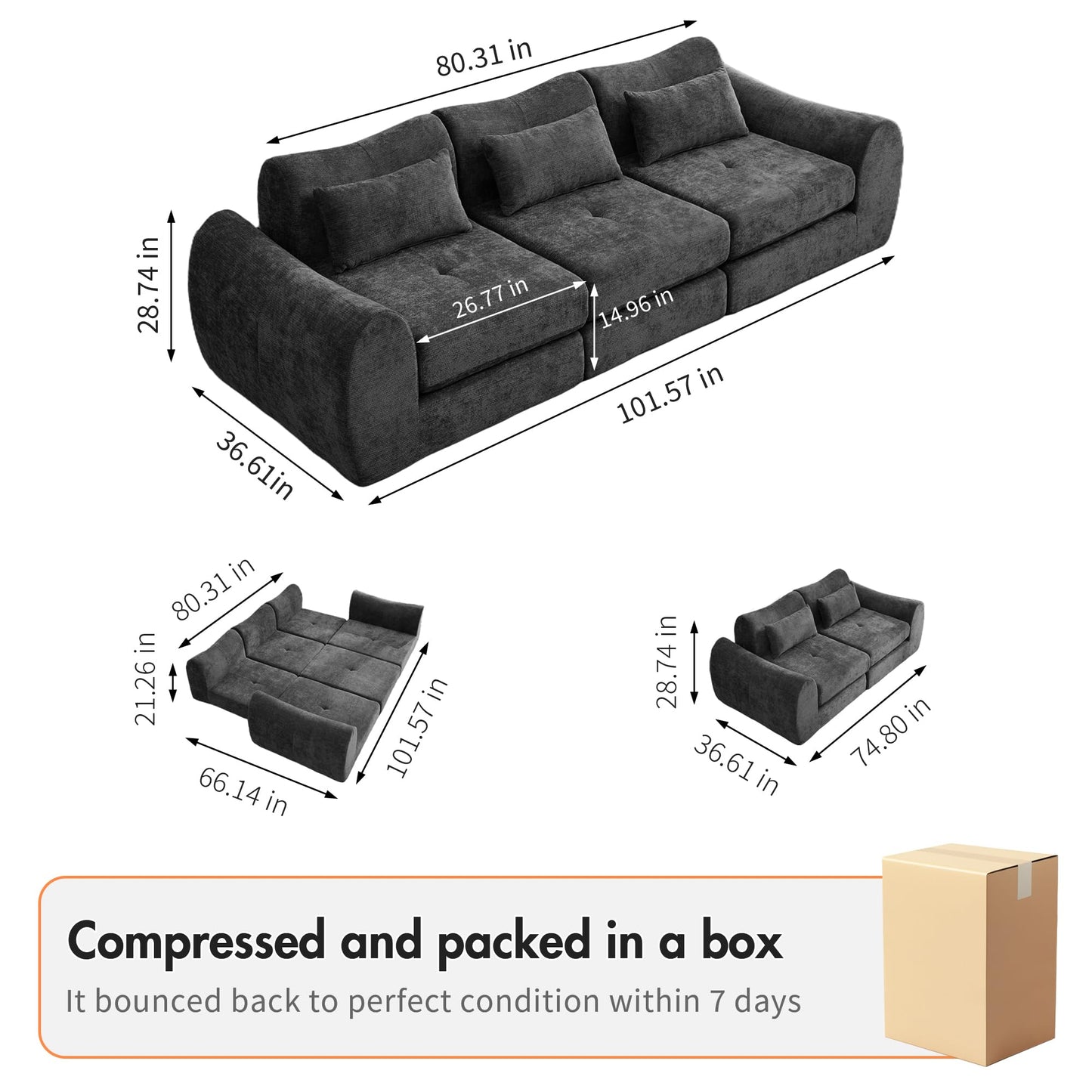 101.6" Modular Sectional Cloud Sofa,Floor Boneless Couch, 4-in-1 Folding Convertible Sofa Bed, Modular Cushion Couch,Suitable for Living Room,Bedroom and Recreation Room (Gray)