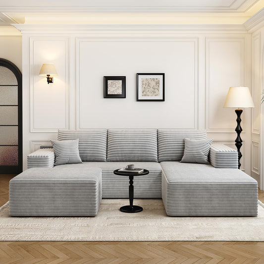 107.5" Grey U-Shaped Cloud Modular Sectional Sofa with 1 Ottoman, Modern Deep Seat Upholstered Couch, Right-Facing Chaise, No Assembly Required