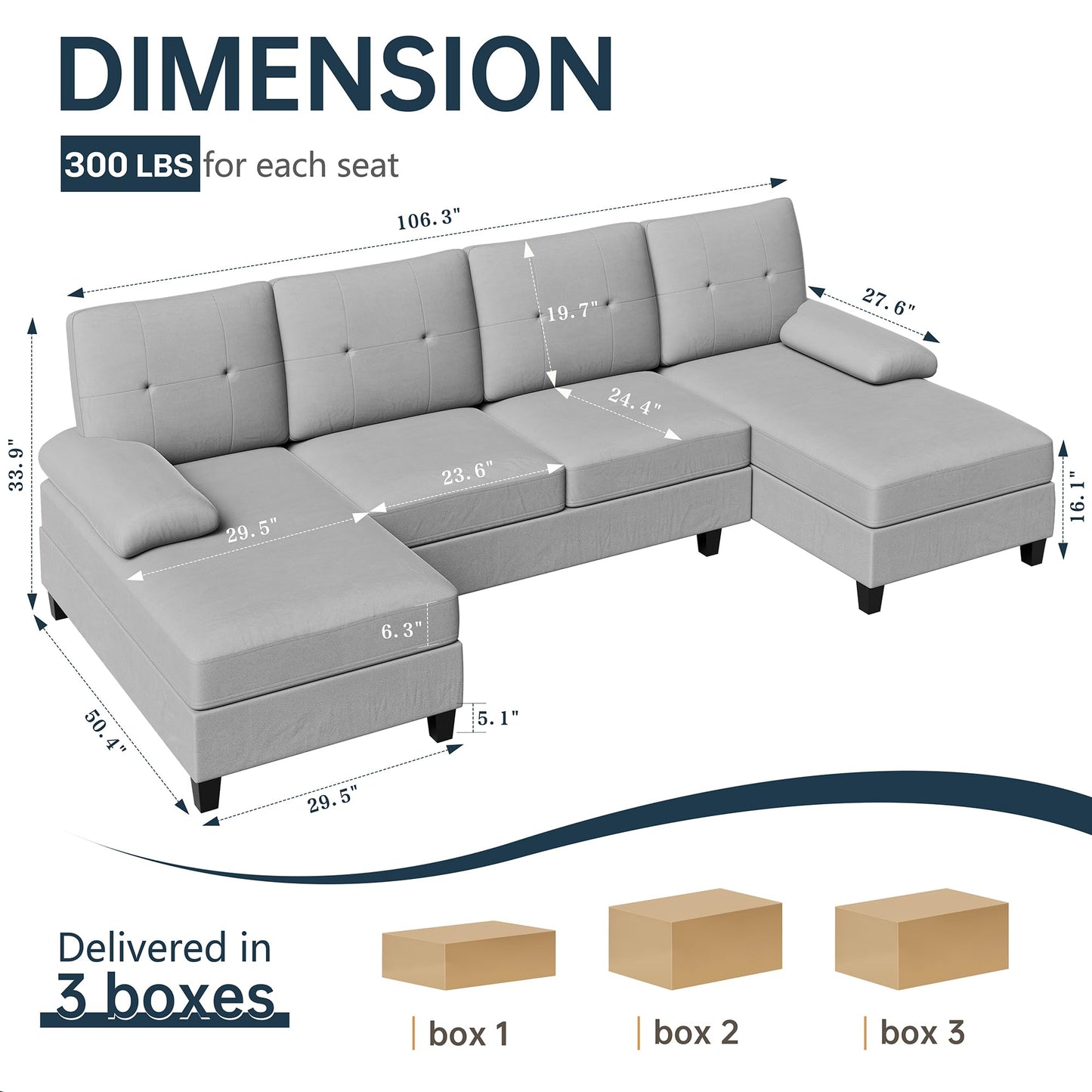 106" U Shaped Sectional Sofa with Wide Double Chaise, 4-Seat Comfortable Fabric Couch for Living Room or Apartment, Pure Light Grey