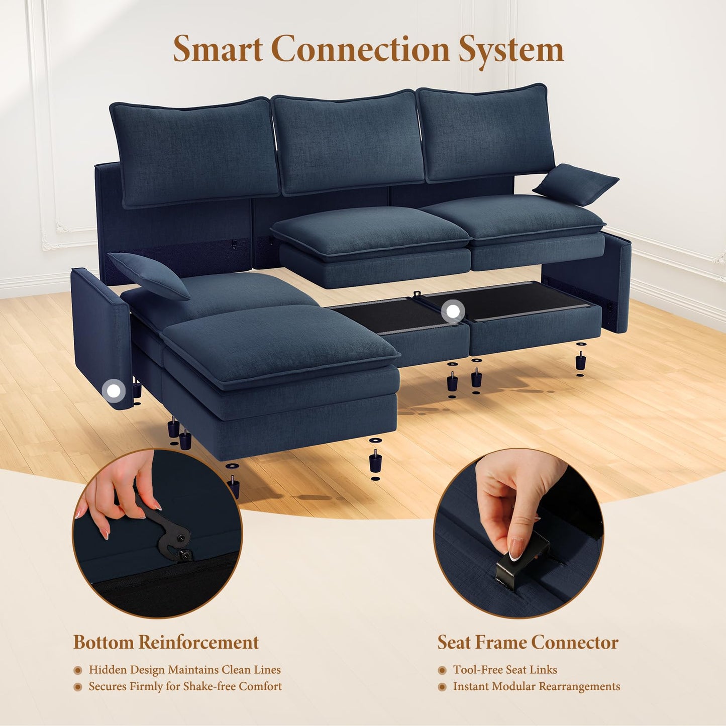 108" Blue U-Shaped Sectional Couch, Comfy Cloud Modular Sofa with 2 Ottomans, Deep Seat Chenille Sofa for Living Room