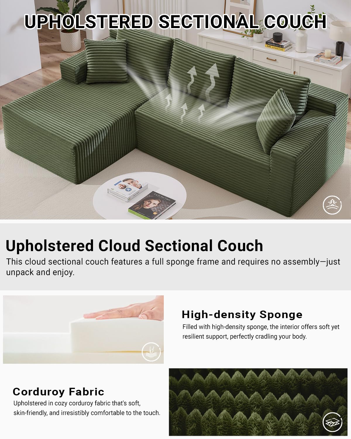 105" White L-Shaped Modular Cloud Sectional Sofa, Modern Couch with Deep Seat, Corduroy Boneless Couch, No Assembly, Left-Facing Chaise