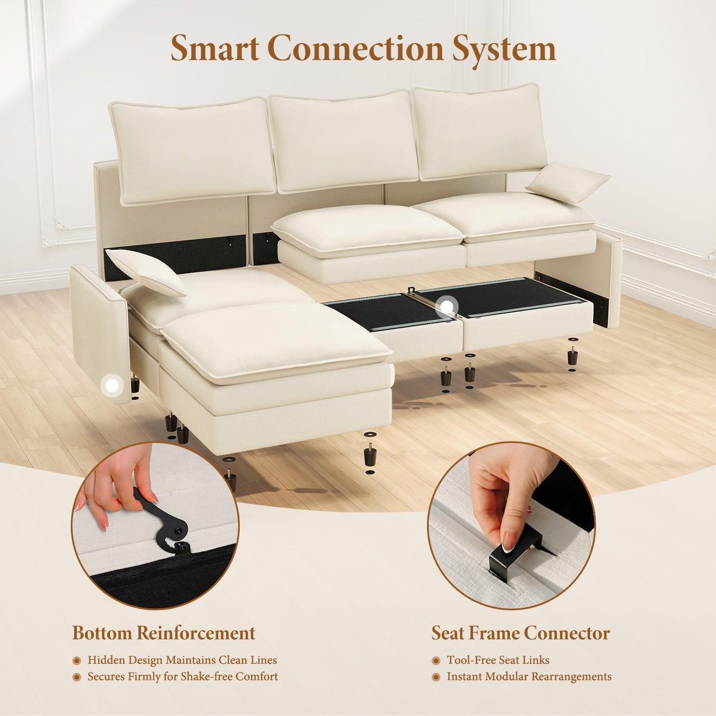 108" Beige U-Shaped Sectional Couch, Comfy Cloud Modular Sofa with 2 Ottomans, Deep Seat Chenille Sofa for Living Room