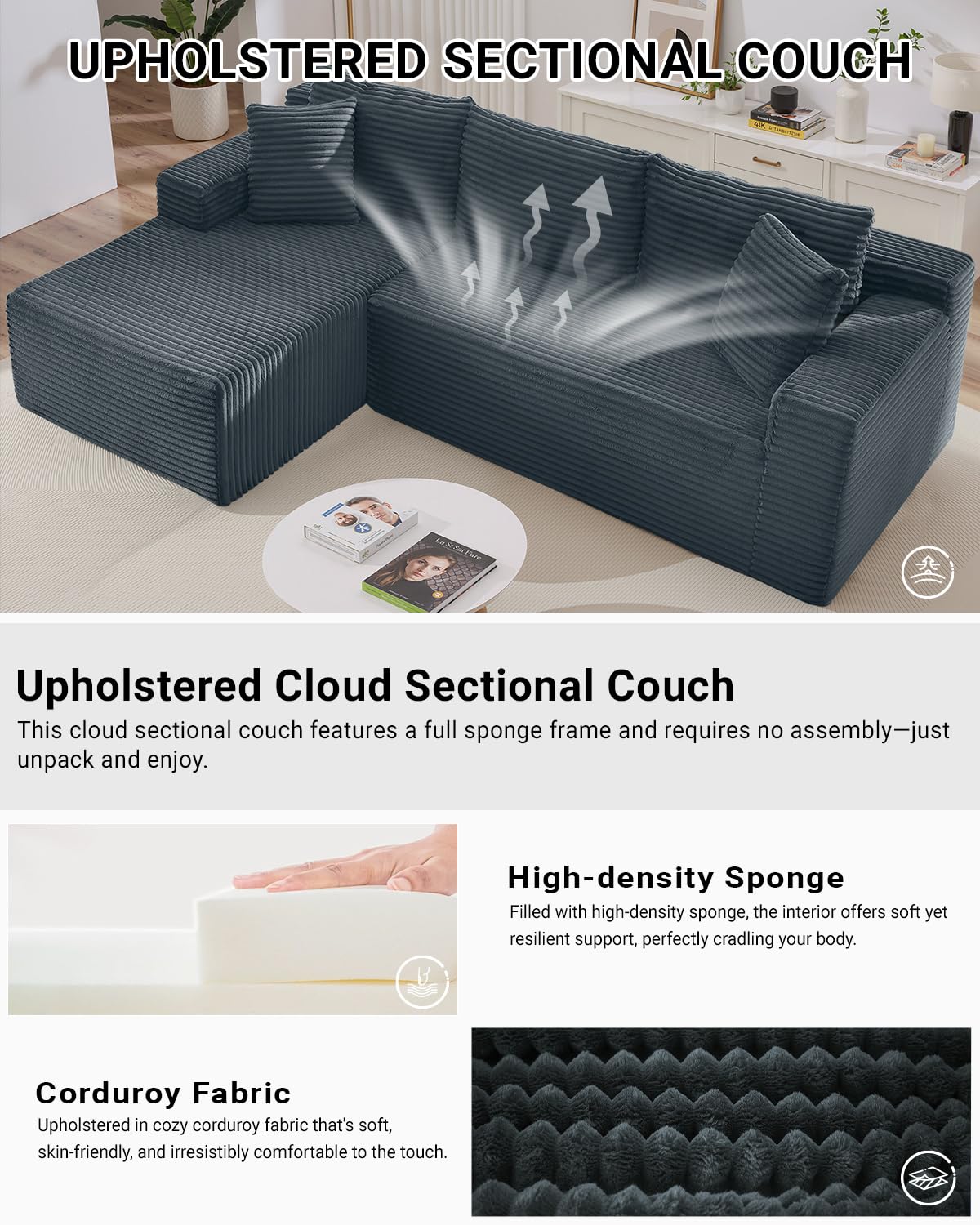 105" Green L-Shaped Cloud Sectional Couch, Modern Modular Sofa with Deep Seat, Corduroy Boneless Couch, No Assembly, Left-Facing Chaise