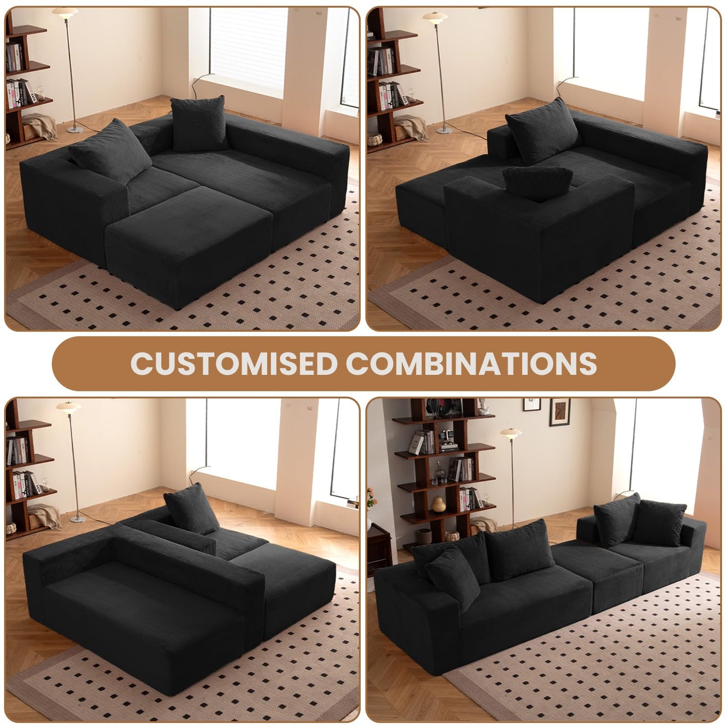 108" Black L-Shaped Modular Sectional Sofa, Corduroy Boneless Cloud Couch with Deep Seat, No Assembly for Living Room