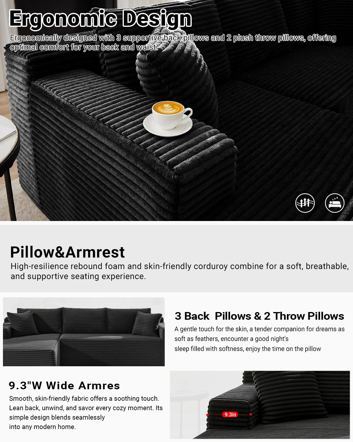 105" Dark Grey L-Shaped Cloud Sectional Couch, Modern Modular Sofa with Deep Seat, Corduroy Boneless Couch, No Assembly, Left-Facing Chaise