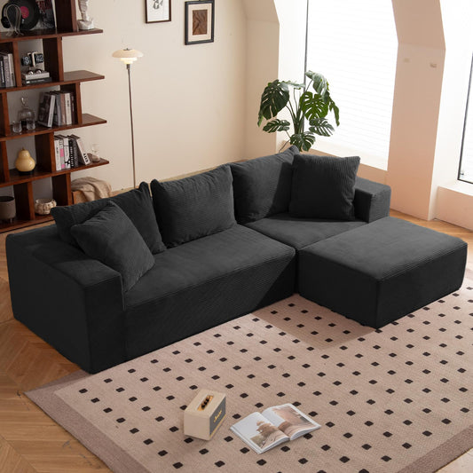 108" Black L-Shaped Modular Sectional Sofa, Corduroy Boneless Cloud Couch with Deep Seat, No Assembly for Living Room
