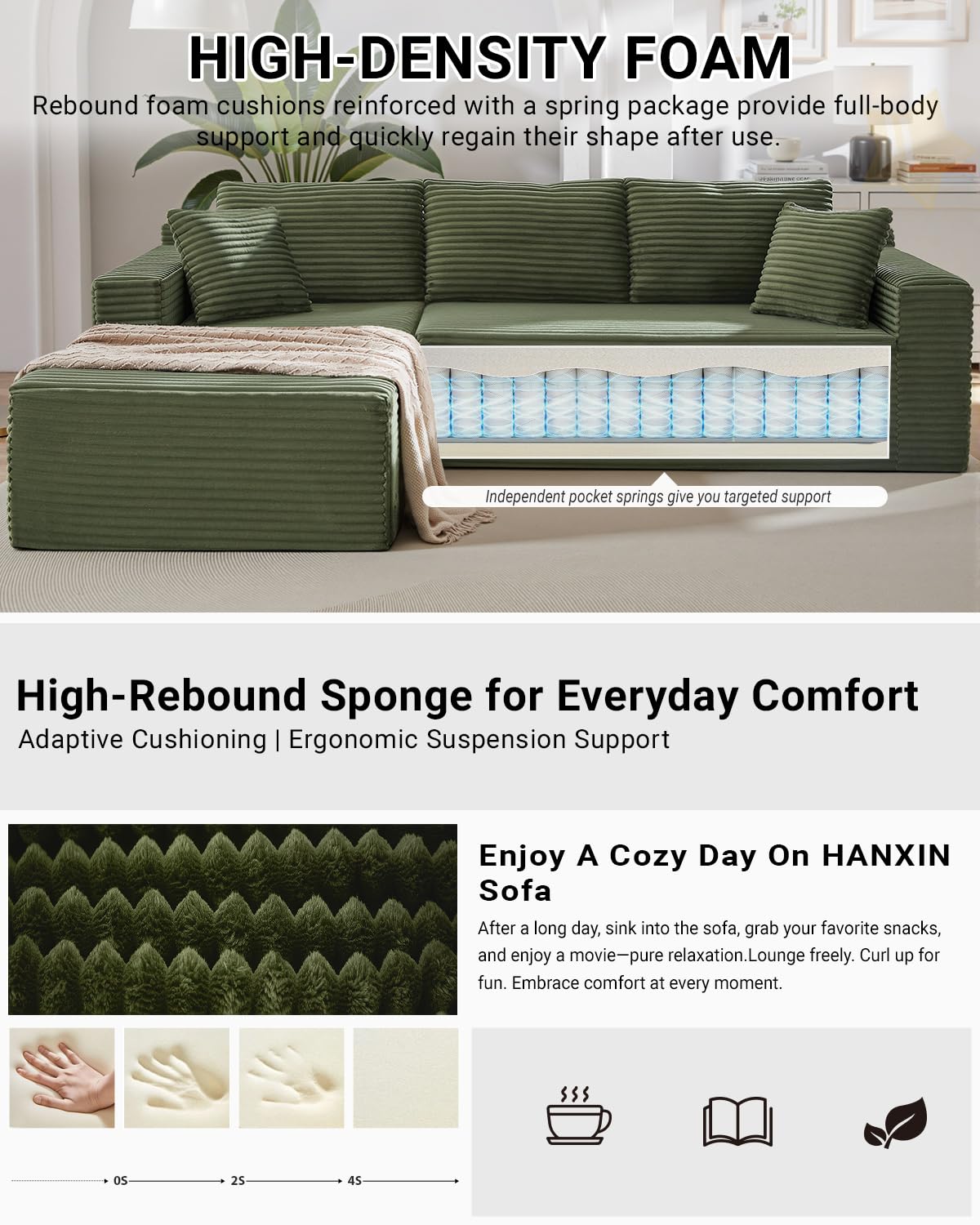 105" White L-Shaped Modular Cloud Sectional Sofa, Modern Couch with Deep Seat, Corduroy Boneless Couch, No Assembly, Left-Facing Chaise