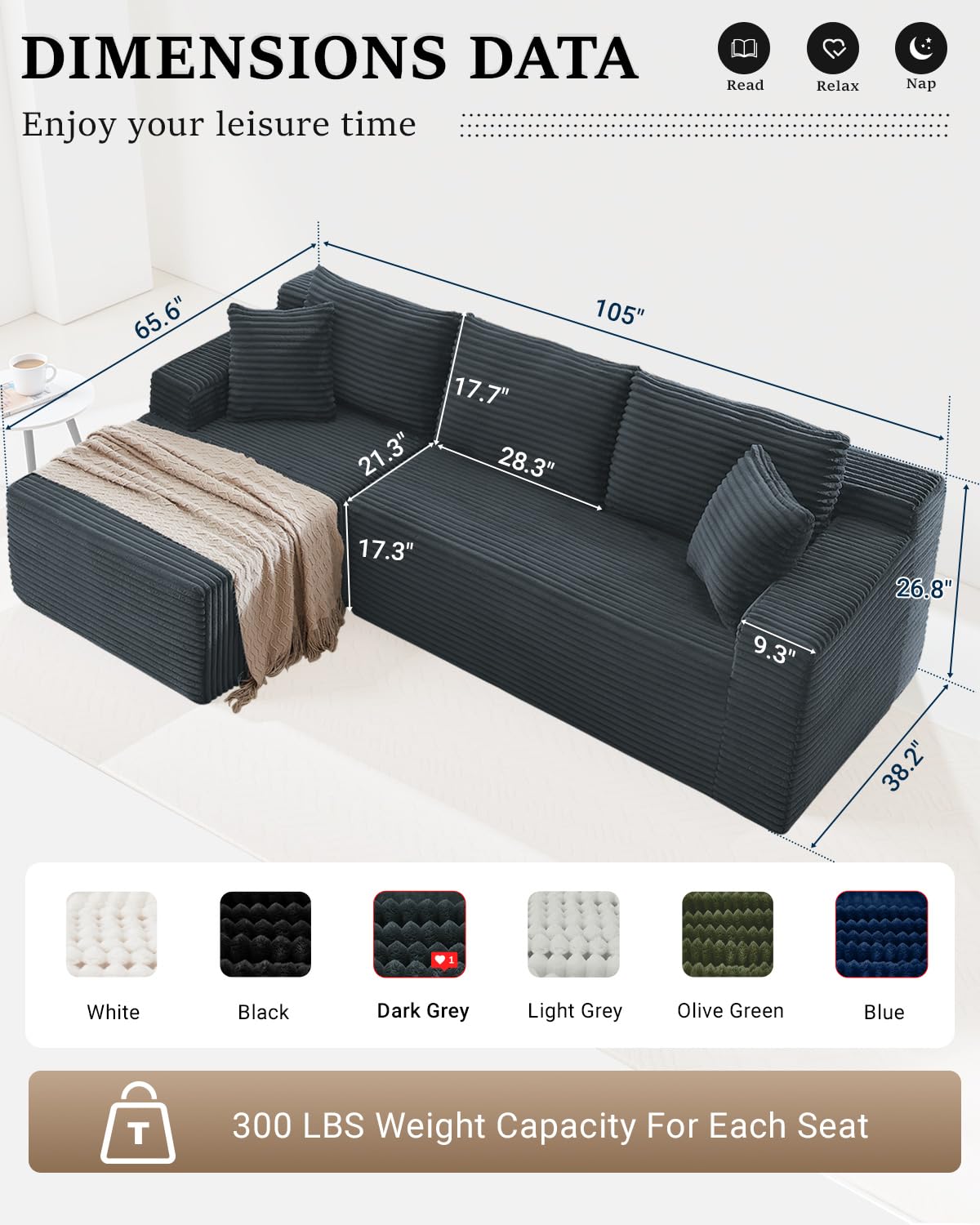 105" Green L-Shaped Cloud Sectional Couch, Modern Modular Sofa with Deep Seat, Corduroy Boneless Couch, No Assembly, Left-Facing Chaise