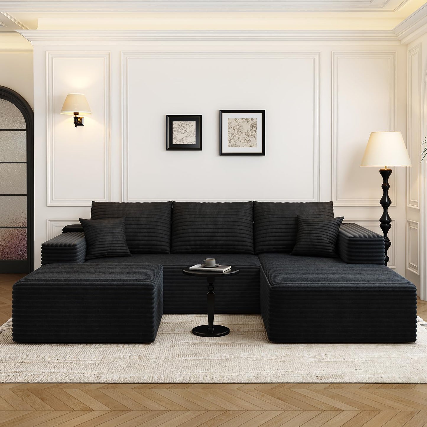 107.5" Black U-Shaped Cloud Modular Sectional Sofa with 1 Ottoman, Modern Deep Seat Upholstered Couch, Right-Facing Chaise, No Assembly Required