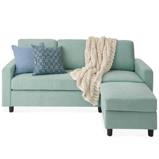 Upholstered 3-Seat L-Shape Sectional Sofa with Chaise Lounge and Reversible Ottoman Bench for Compact Spaces, Aqua