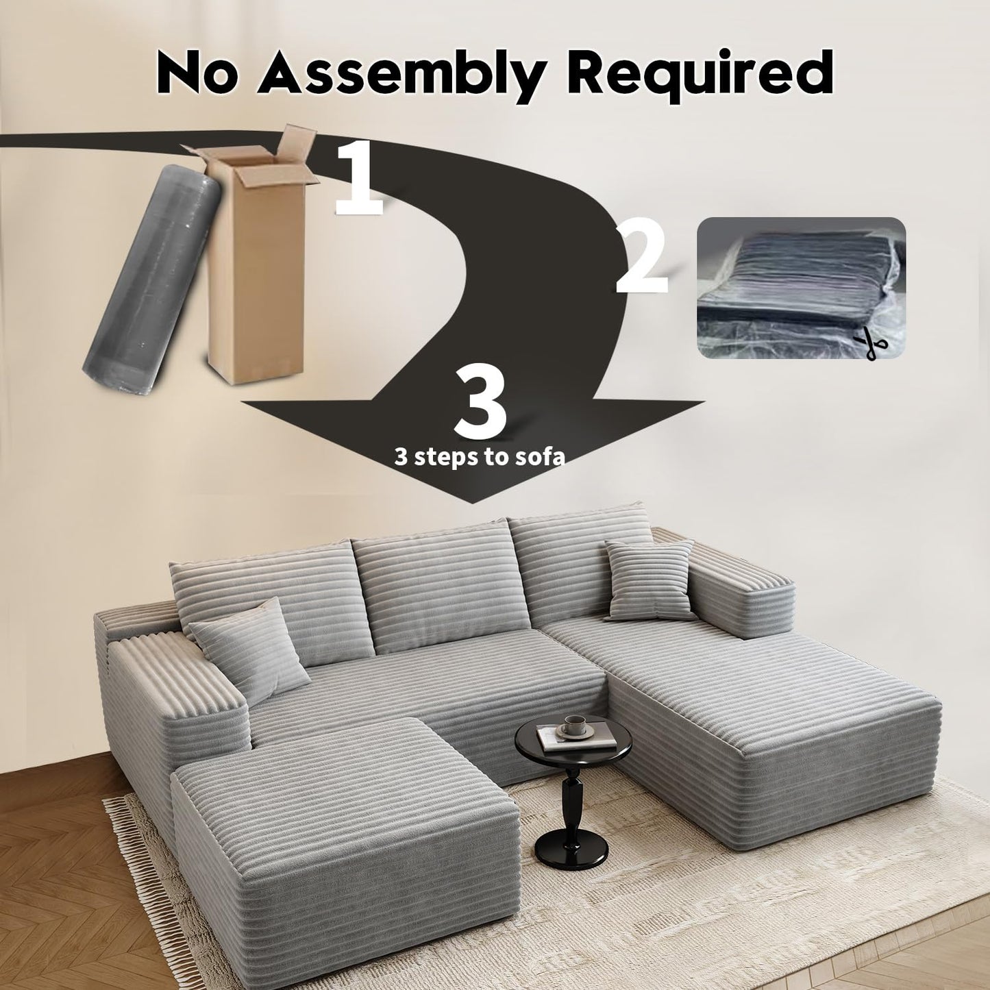 107.5" Grey U-Shaped Cloud Modular Sectional Sofa with 1 Ottoman, Modern Deep Seat Upholstered Couch, Right-Facing Chaise, No Assembly Required