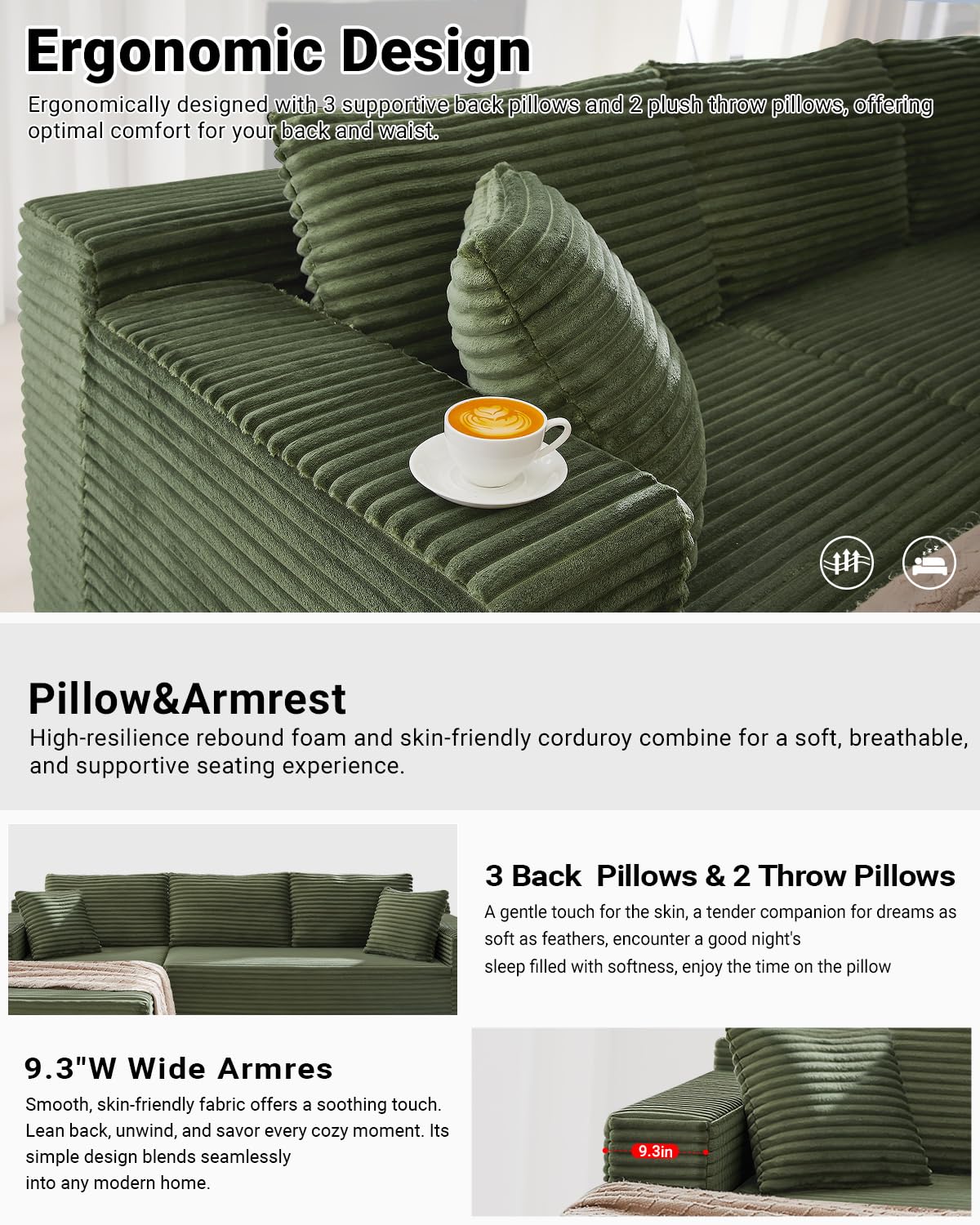 105" White L-Shaped Modular Cloud Sectional Sofa, Modern Couch with Deep Seat, Corduroy Boneless Couch, No Assembly, Left-Facing Chaise