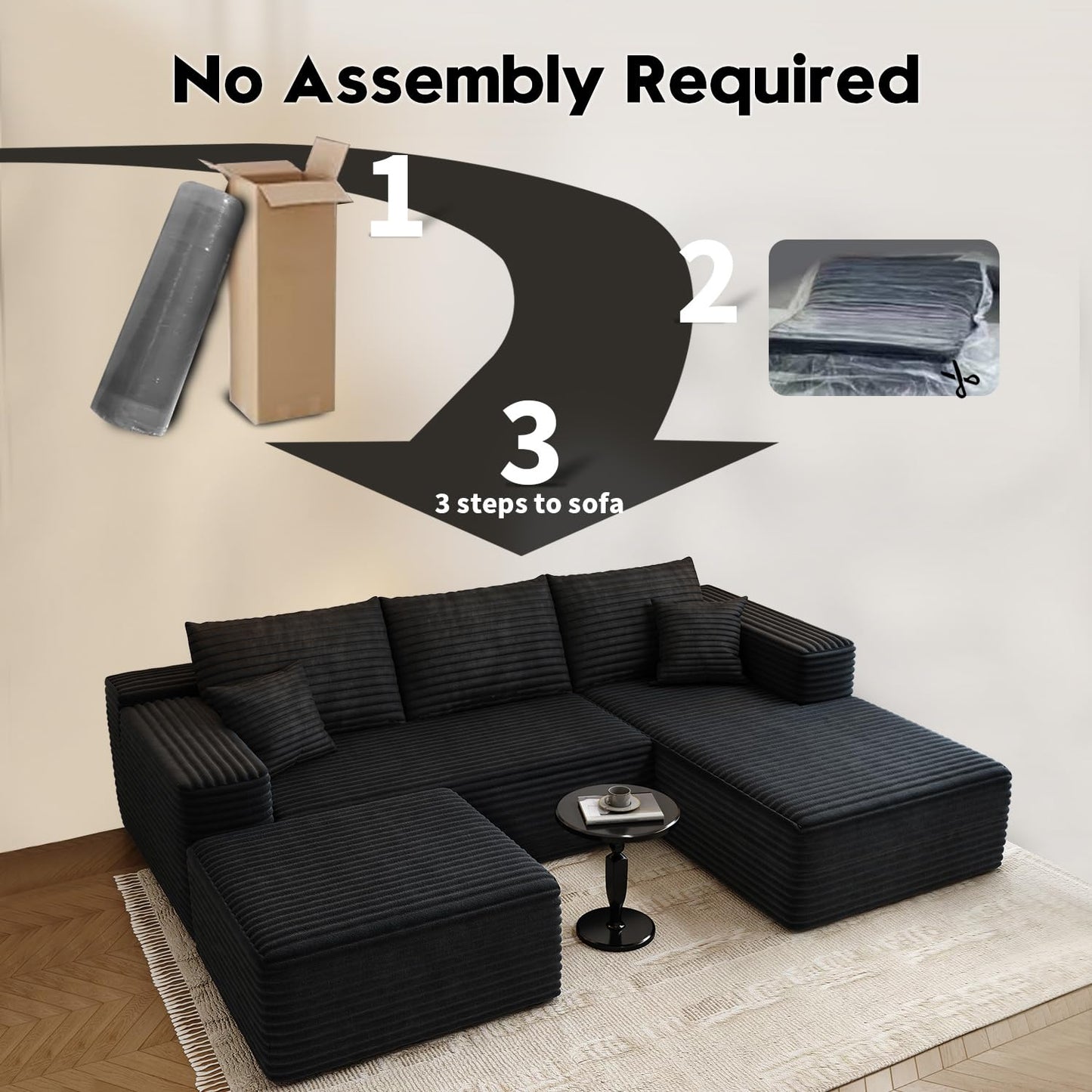 107.5" Black U-Shaped Cloud Modular Sectional Sofa with 1 Ottoman, Modern Deep Seat Upholstered Couch, Right-Facing Chaise, No Assembly Required