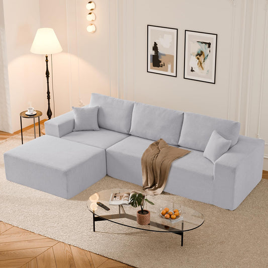 108" Light Grey L-Shaped Modular Sectional Couch, Corduroy Boneless Cloud Sofa with Chaise and Movable Ottoman, No Assembly