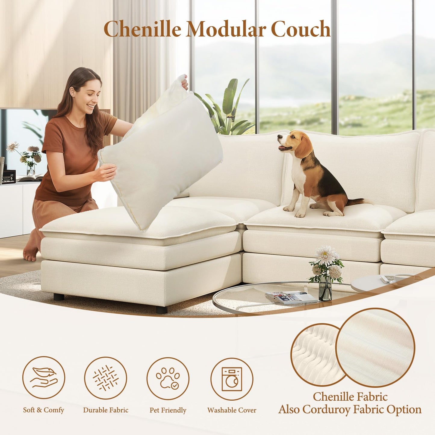 108" Beige U-Shaped Sectional Couch, Comfy Cloud Modular Sofa with 2 Ottomans, Deep Seat Chenille Sofa for Living Room